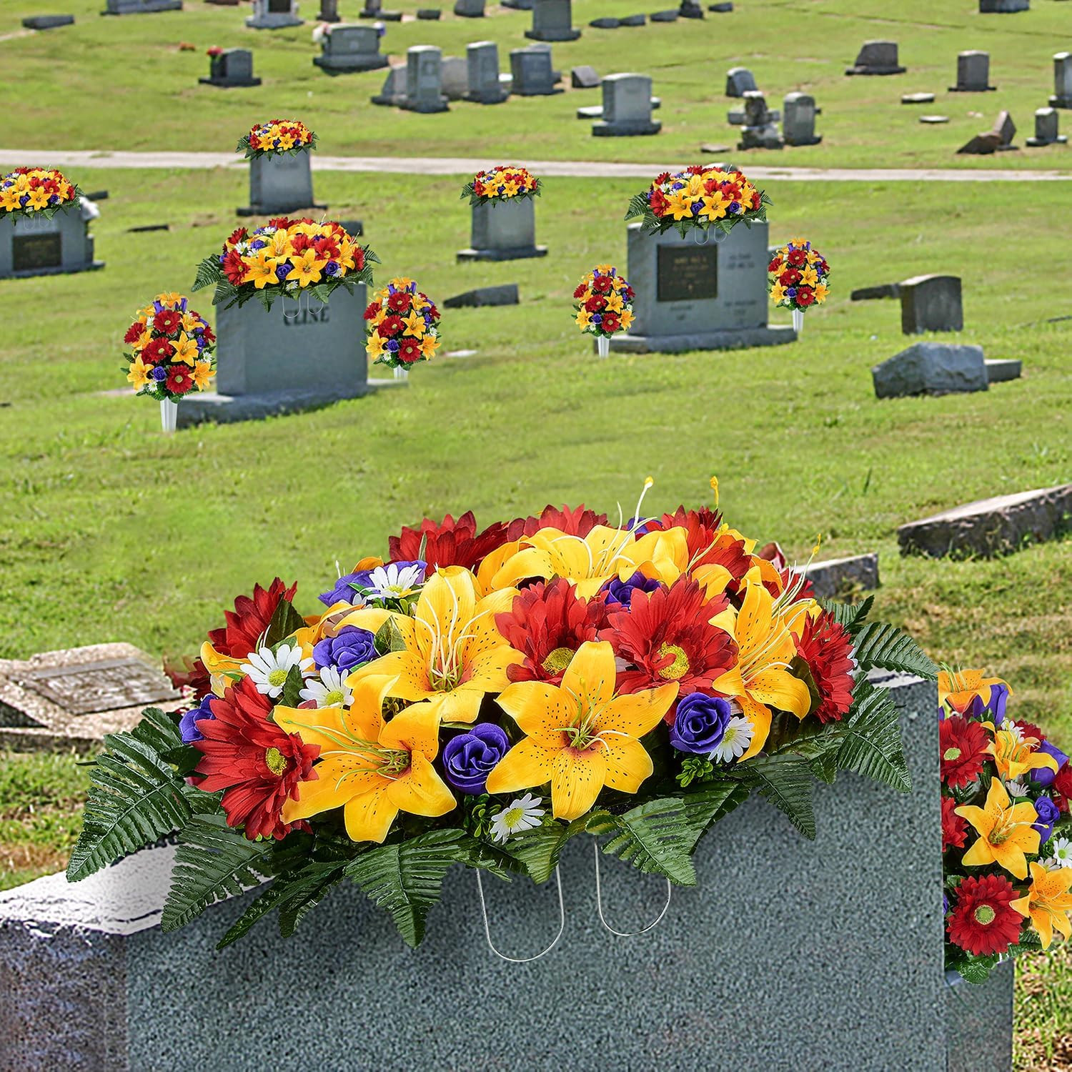 Artificial Cemetery Flower Saddles, Cemetery Memorial Flowers with Vase for Grav