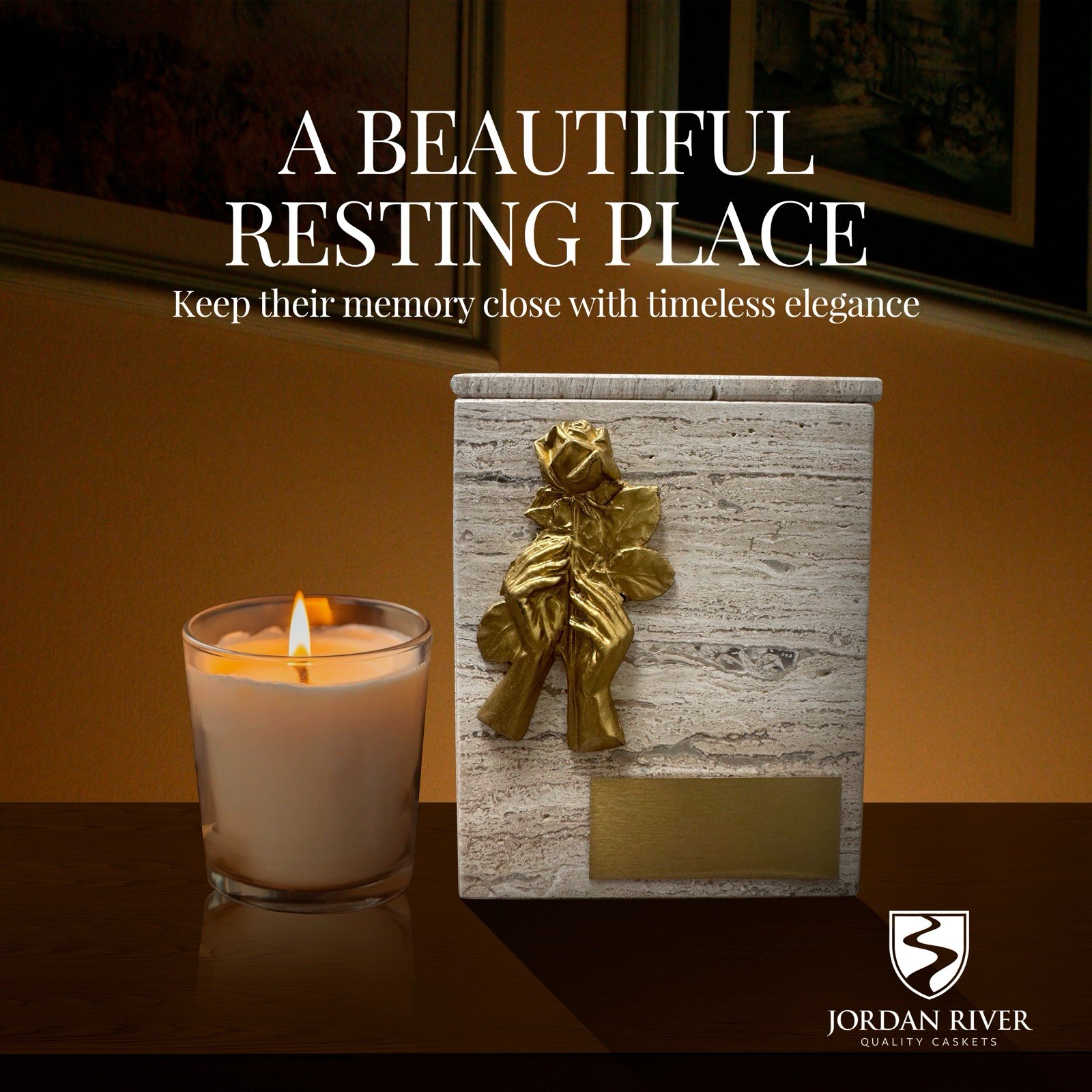 Marble Cremation Urn , With Golden Hands And Rose Design.