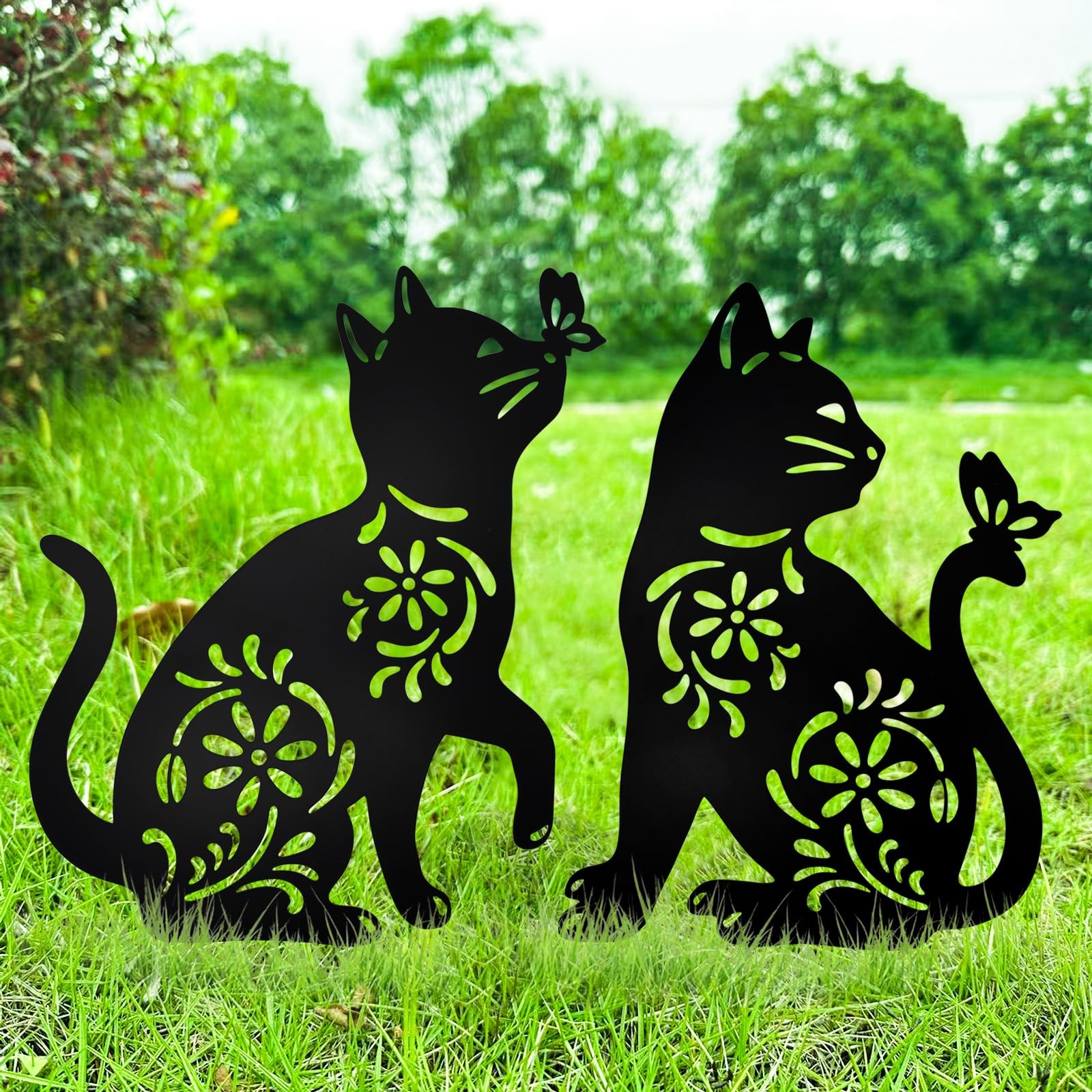 2 Pack Metal Cat Stakes Garden Decor Stakes Black Cat Silhouette Statue for O…