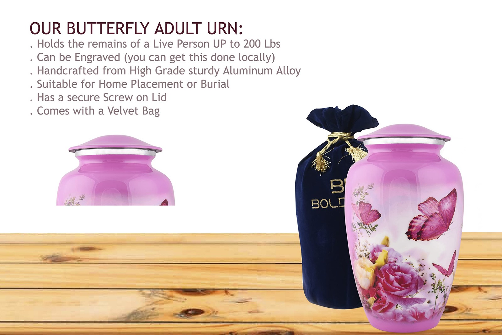 BOLD & DIVINE Adult Pink Butterfly Cremation Urn | Human Ashes Adult Memorial ur
