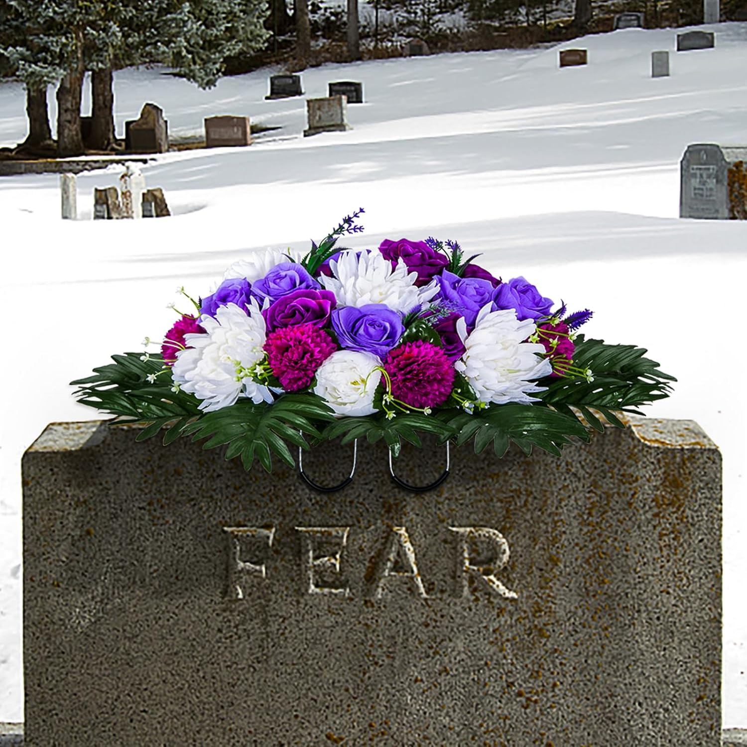 Elegant Artificial Flower Saddle for Graves – Purple & White Peony Rose Decor