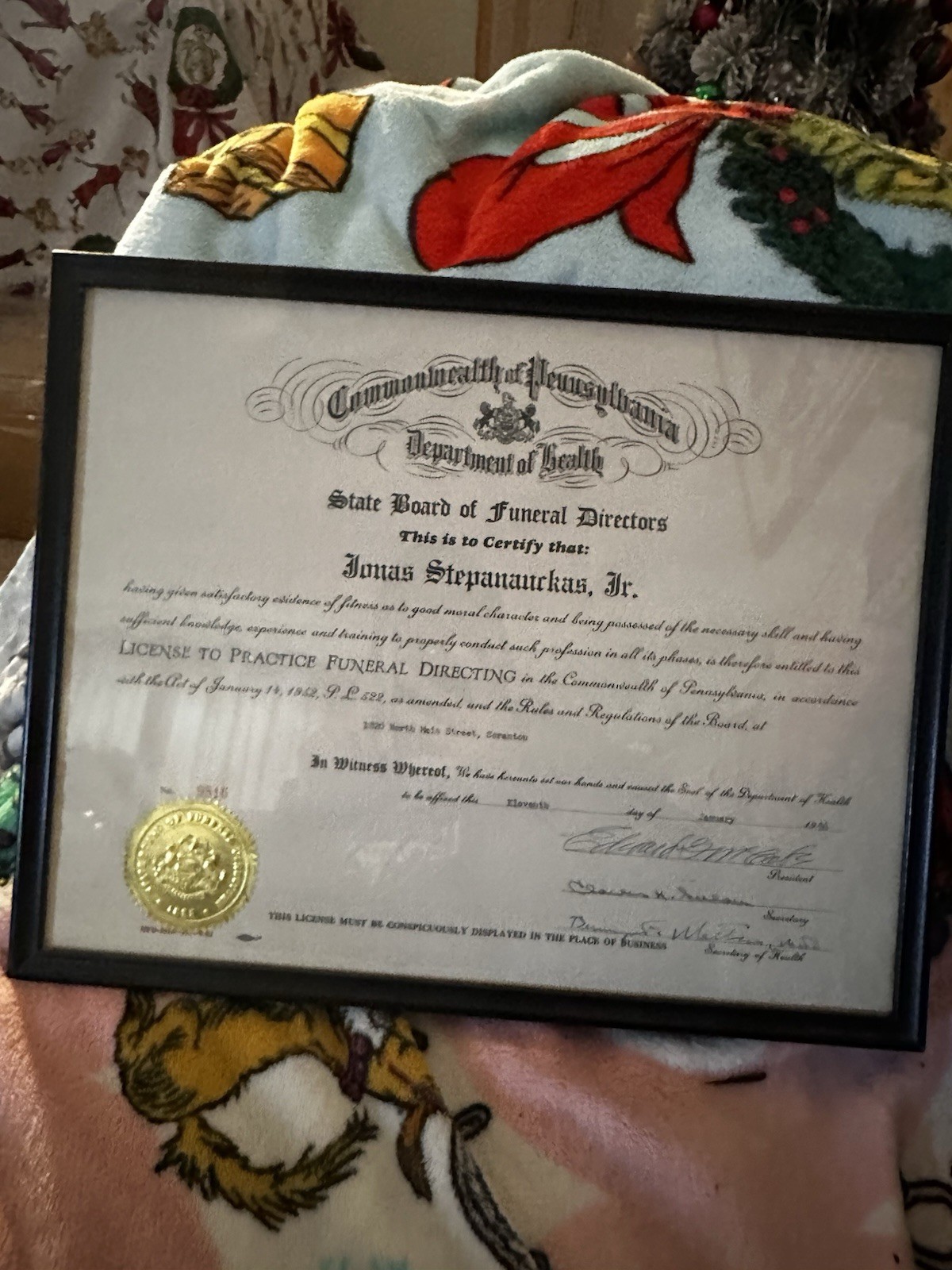 Funeral Directors Dept Of Heath Certificate Pennsylvania 1952