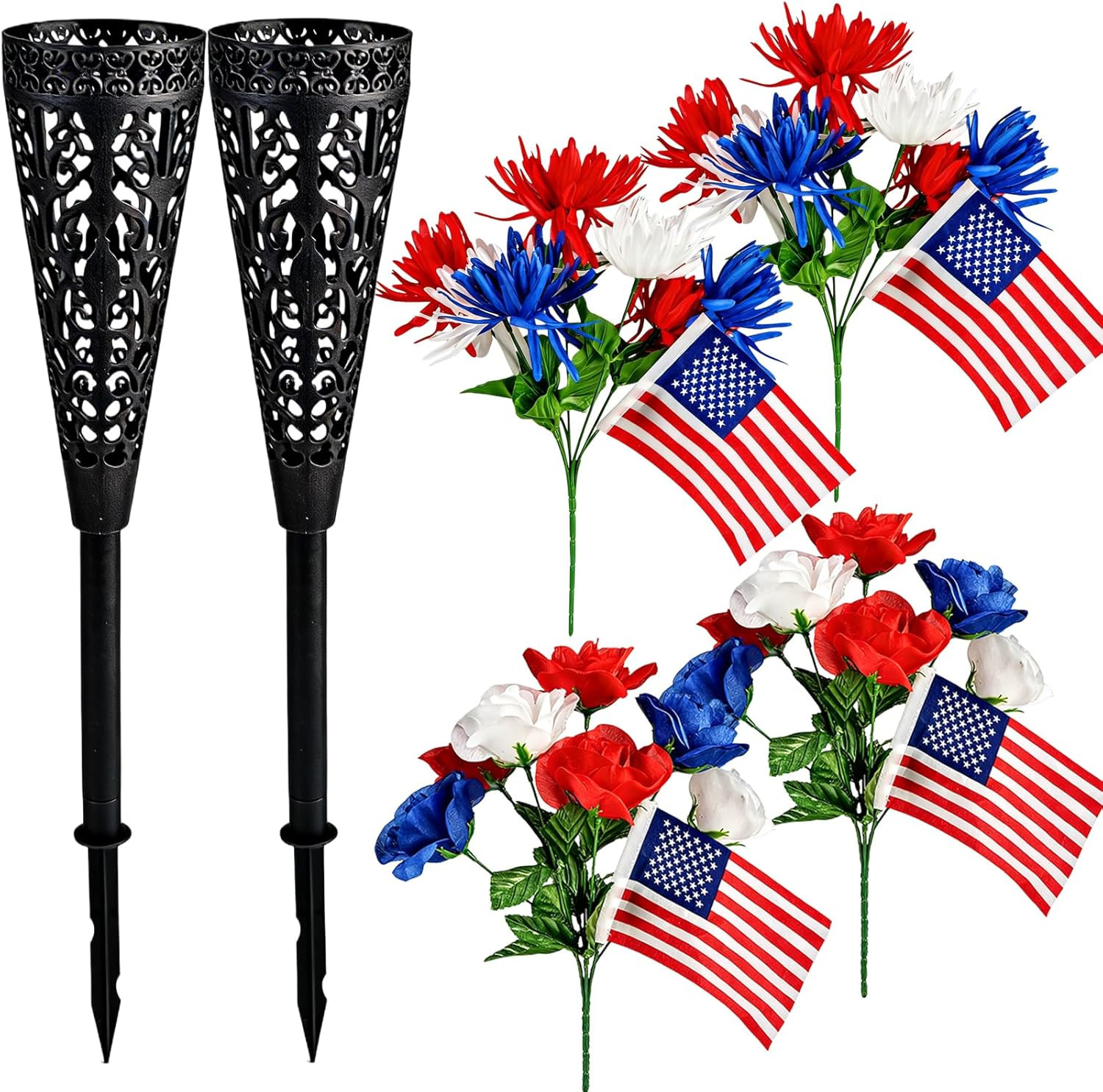6PCS Memorial Day Grave Decorations, 4 Bunches Red White Blue Cemetery Artificia