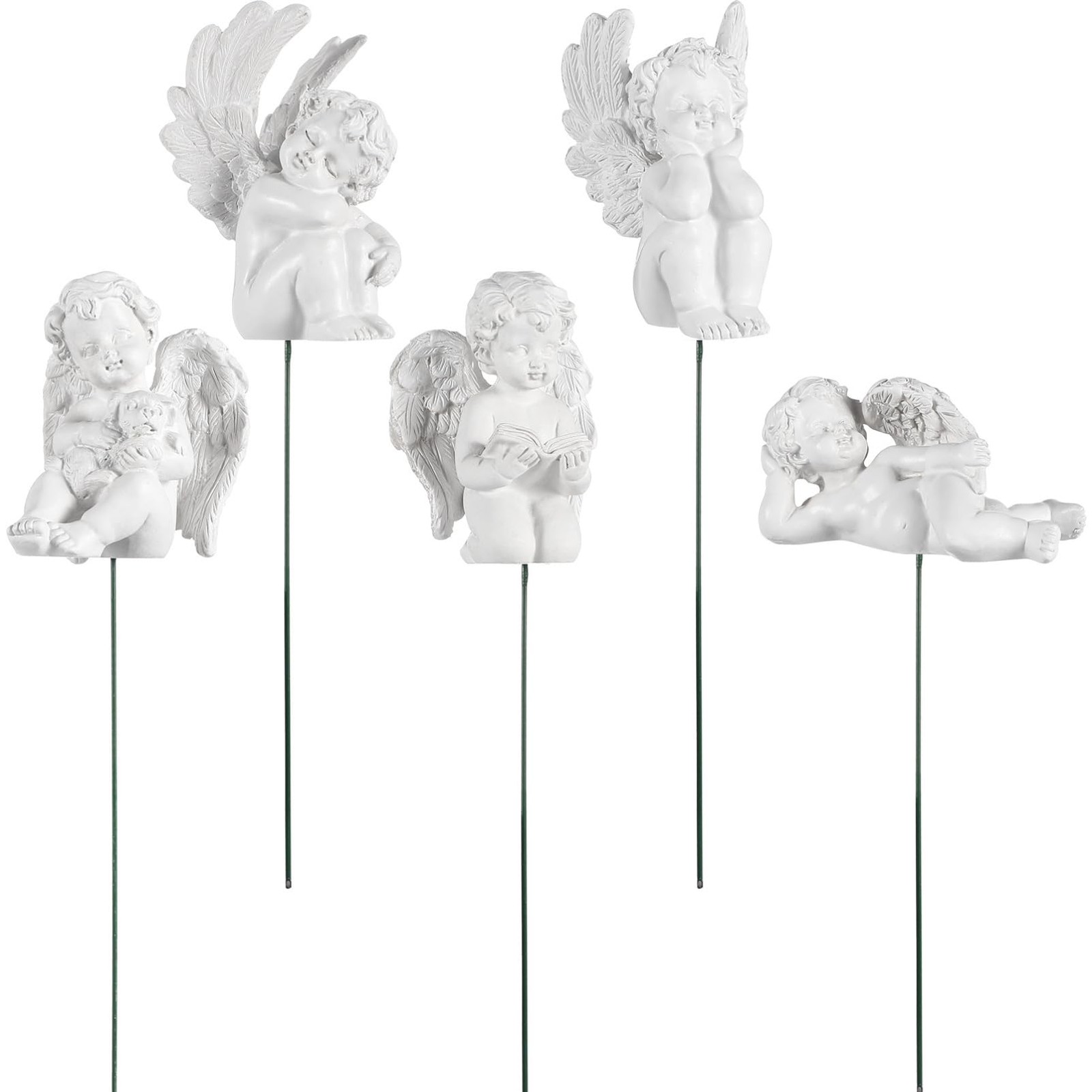5 PCS Decorative Angel Garden Stakes Miniature Resin Cherub Memorial Statue