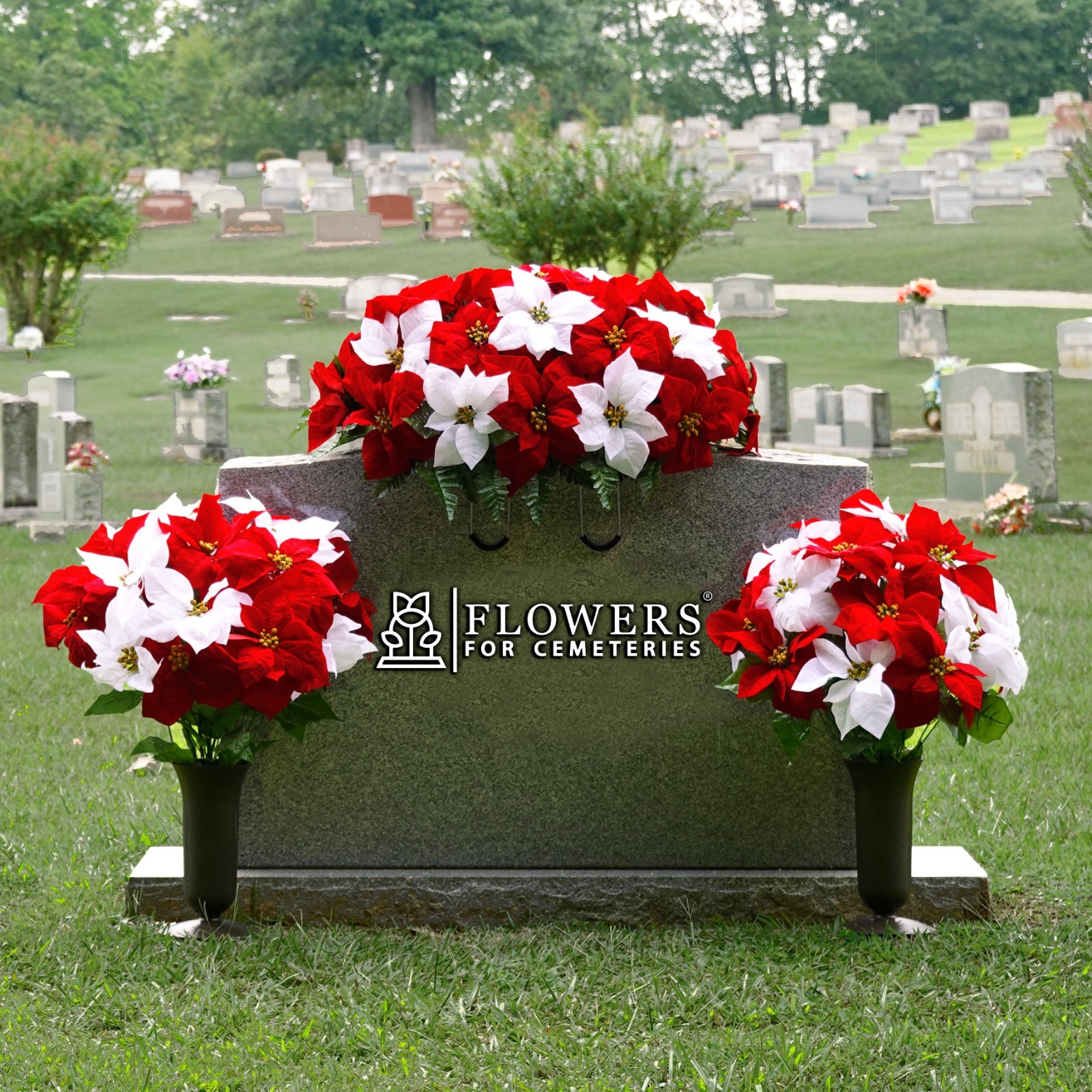 Artificial Cemetery Flowers – Red & White Poinsettia Saddle Bouquets and Vases