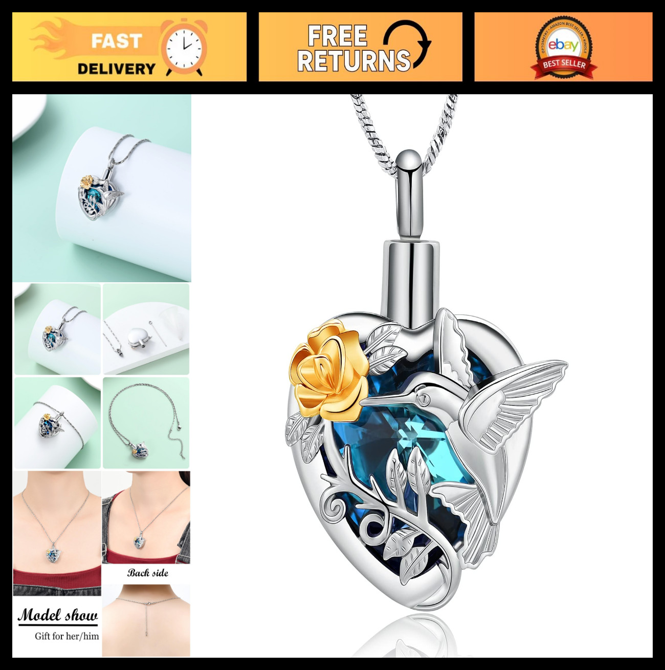 Hummingbird Cremation Jewelry Crystal Heart Urn Necklace for Ashes – Memorial Ke
