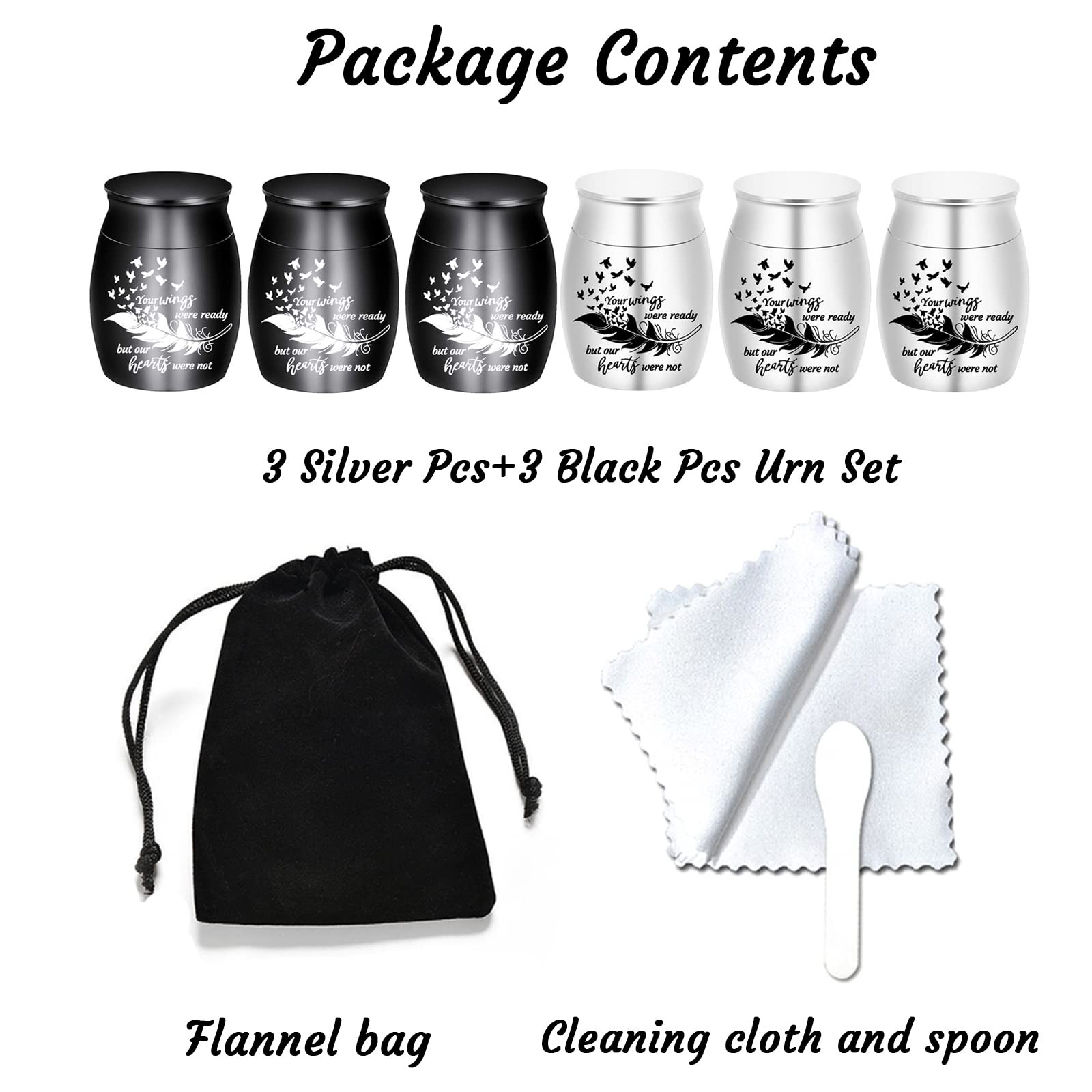 Small Keepsake Urns for Human Ashes – Set of 6 – Share Urn with Black/Silver