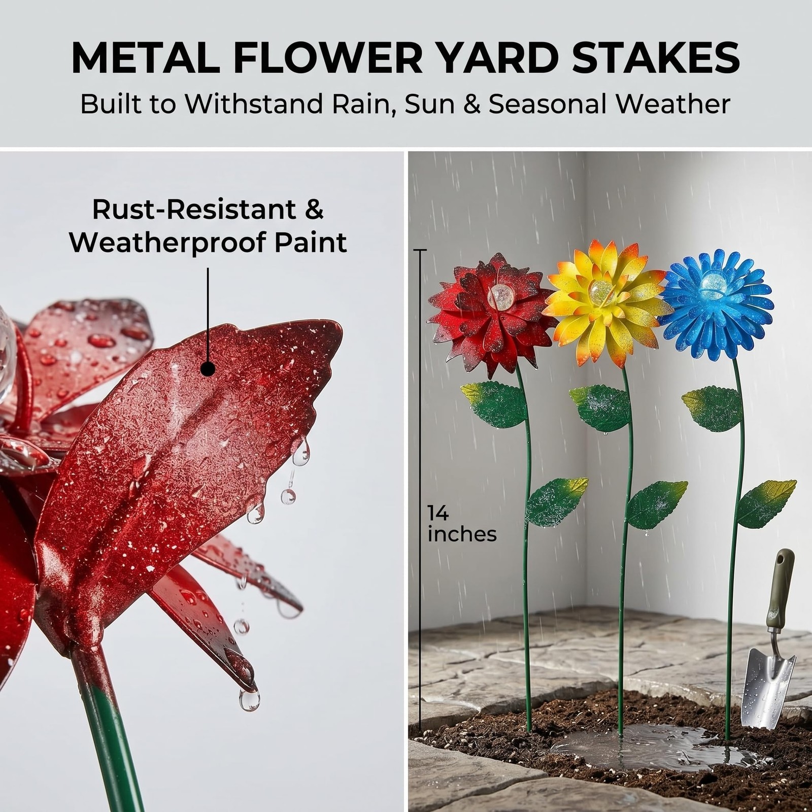 14 Inch Glow in The Dark Flower Garden Stakes, 3 Pack Colorful Metal Yard Dec…