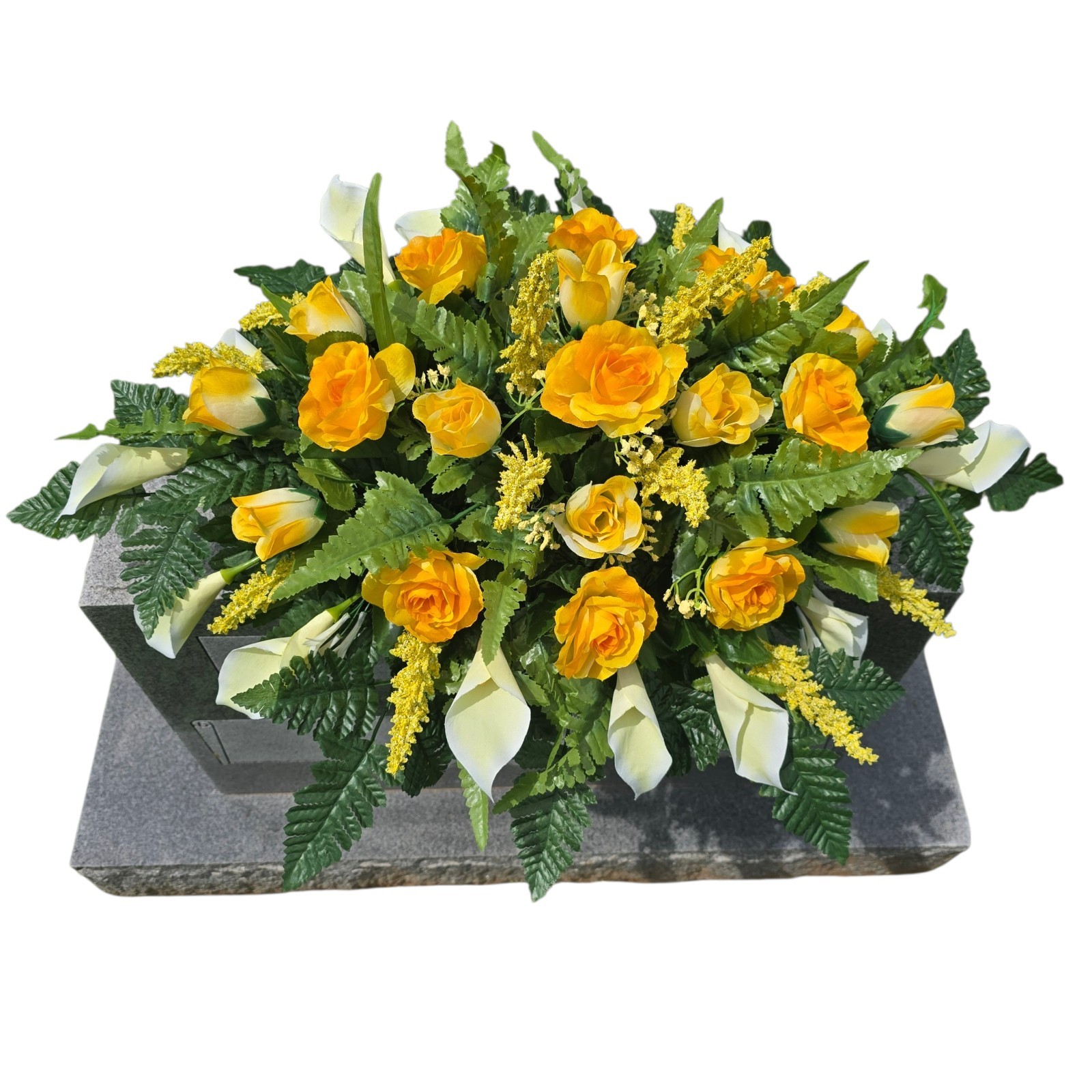 YELLOW HEADSTONE SADDLE WITH YELLOW ROSES AND WHITE CALLA LILY’S FOR CEMETERY