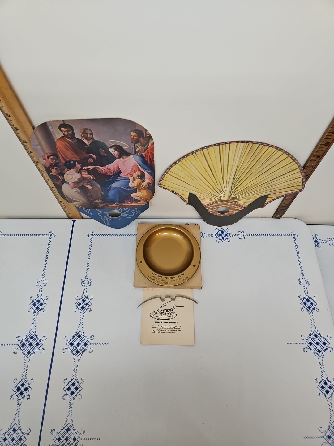 FUNERAL HOME Advertising ASHTRAY-N.O.S And 2~Two Kool Hand PAPER FANS Exc. Cond.