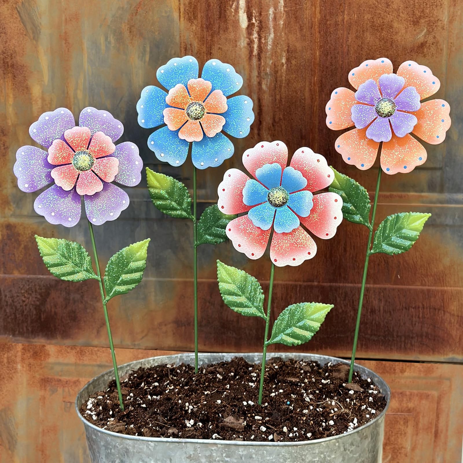 4-Pcs 16.5″ Metal Flower Garden Stakes: Hand-Painted, Weather-Resistant Decor