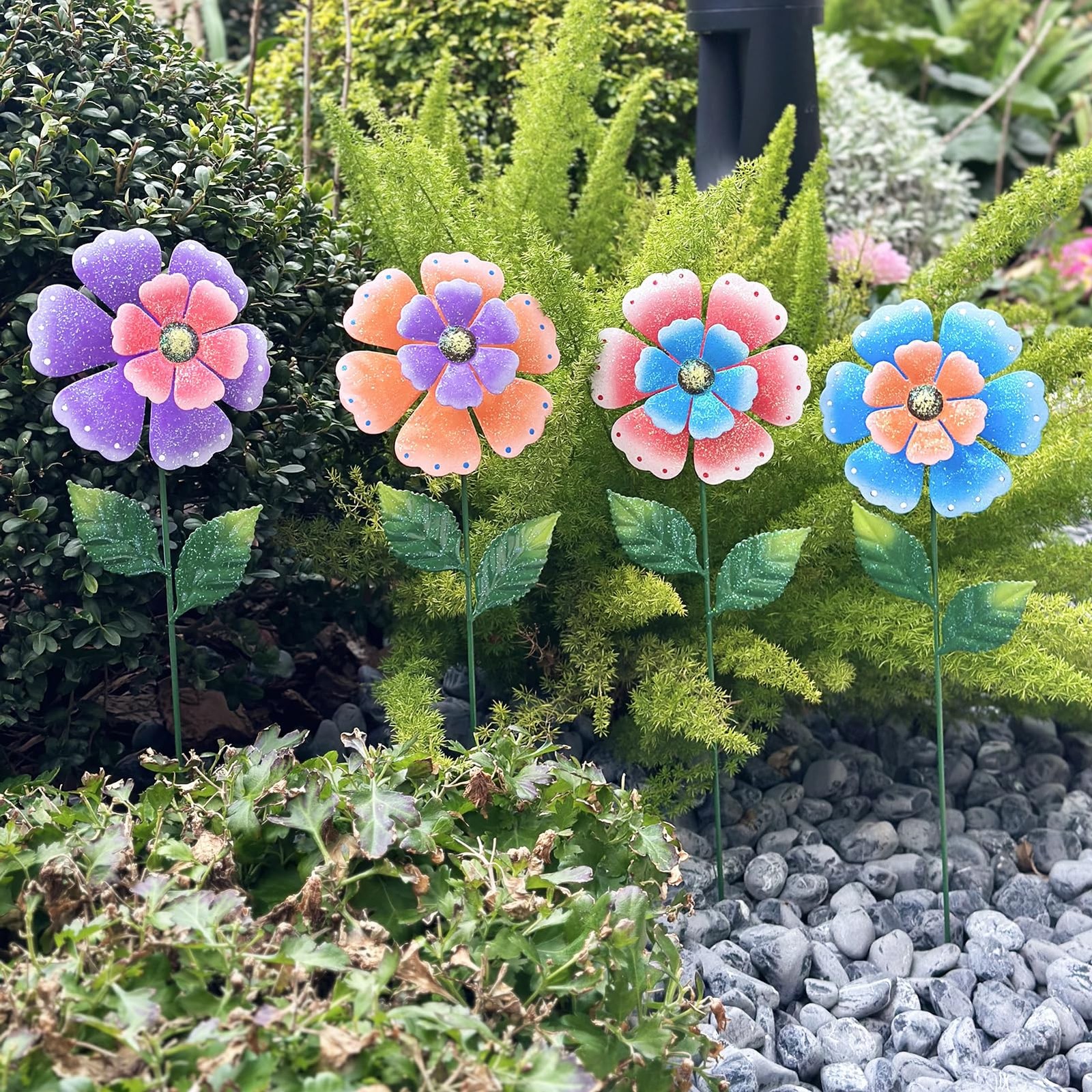 4-Pcs 16.5″ Metal Flower Garden Stakes: Hand-Painted, Weather-Resistant Decor