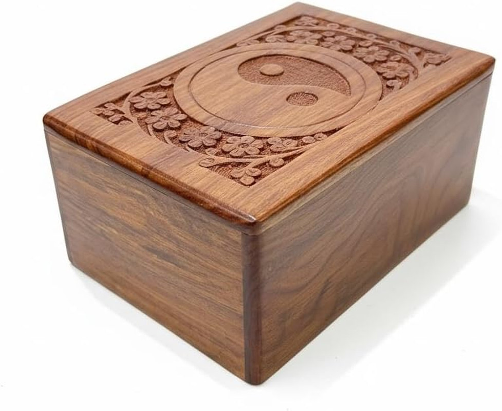 YY Symbol Wooden Urn Box for Human Ashes, Cremation Funeral Urns, Decorative Urn