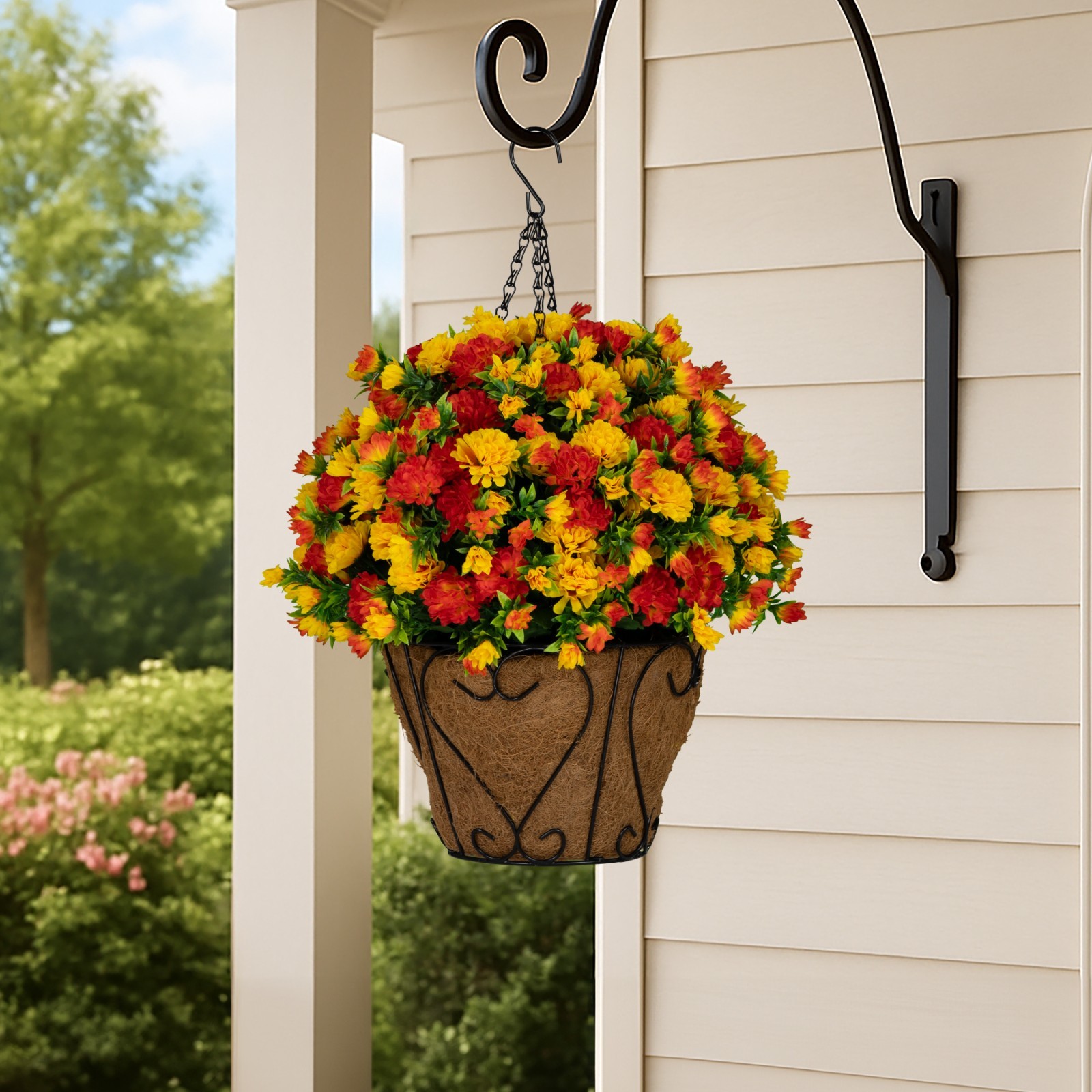 Artificial Cemetery Flowers – Sunset Orange Mums Hanging Basket