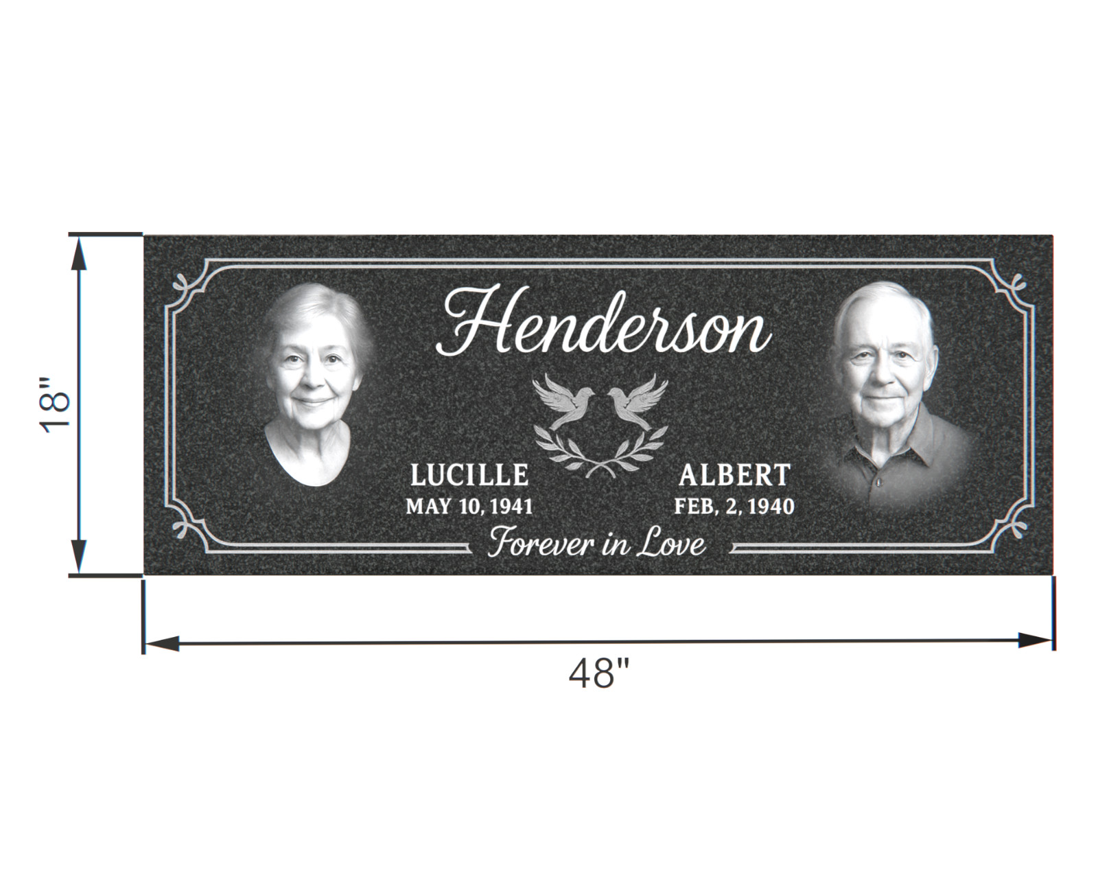 Custom Black Granite Headstone 48x18x4 – Companion Memorial with Doves