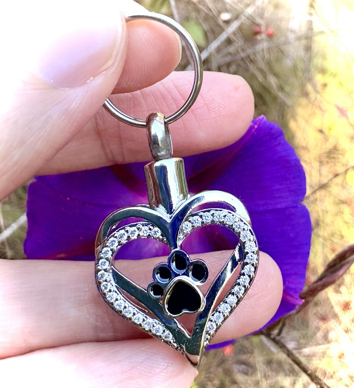 Keyring Urn .5″ Key Chain Pet Cremation Pendant Holds Ash Dog Cat Paw Print Paws