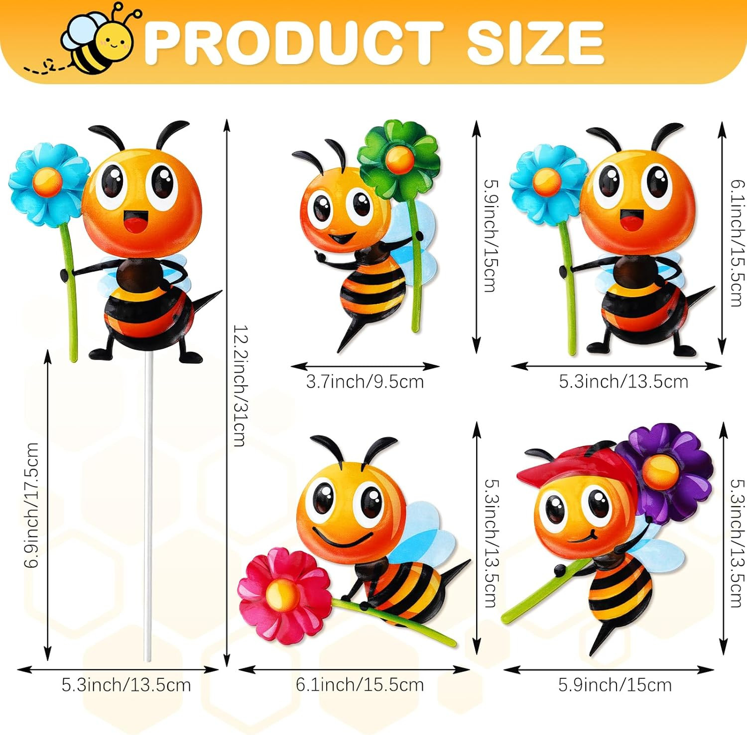 4 PCS Metal Bee Garden Stakes Decorative, Colorful 12.2 Inches Outdoor Bee Gard
