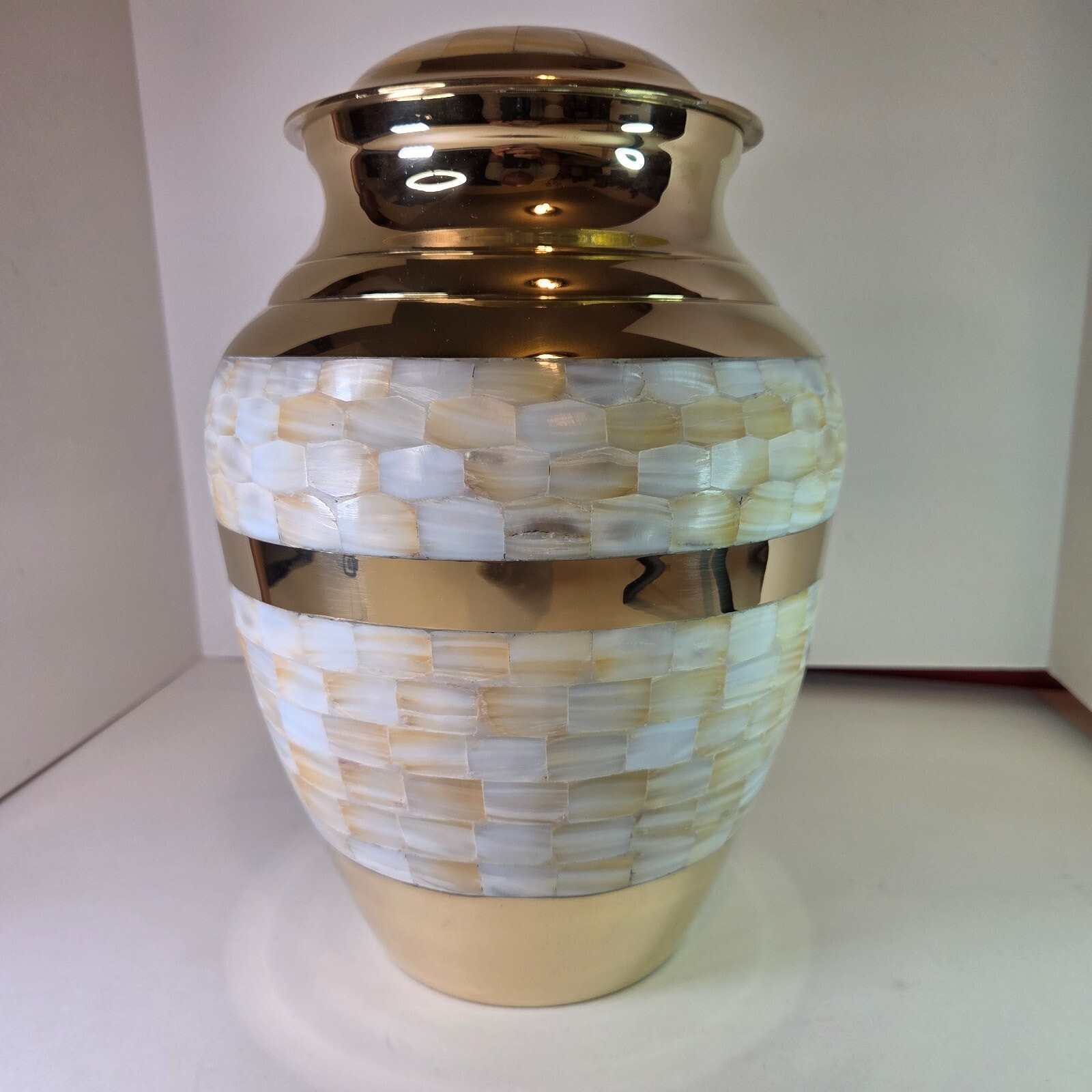 Large 12″ Brass Mother of Pearl Cremation Urn for Adult Ashes