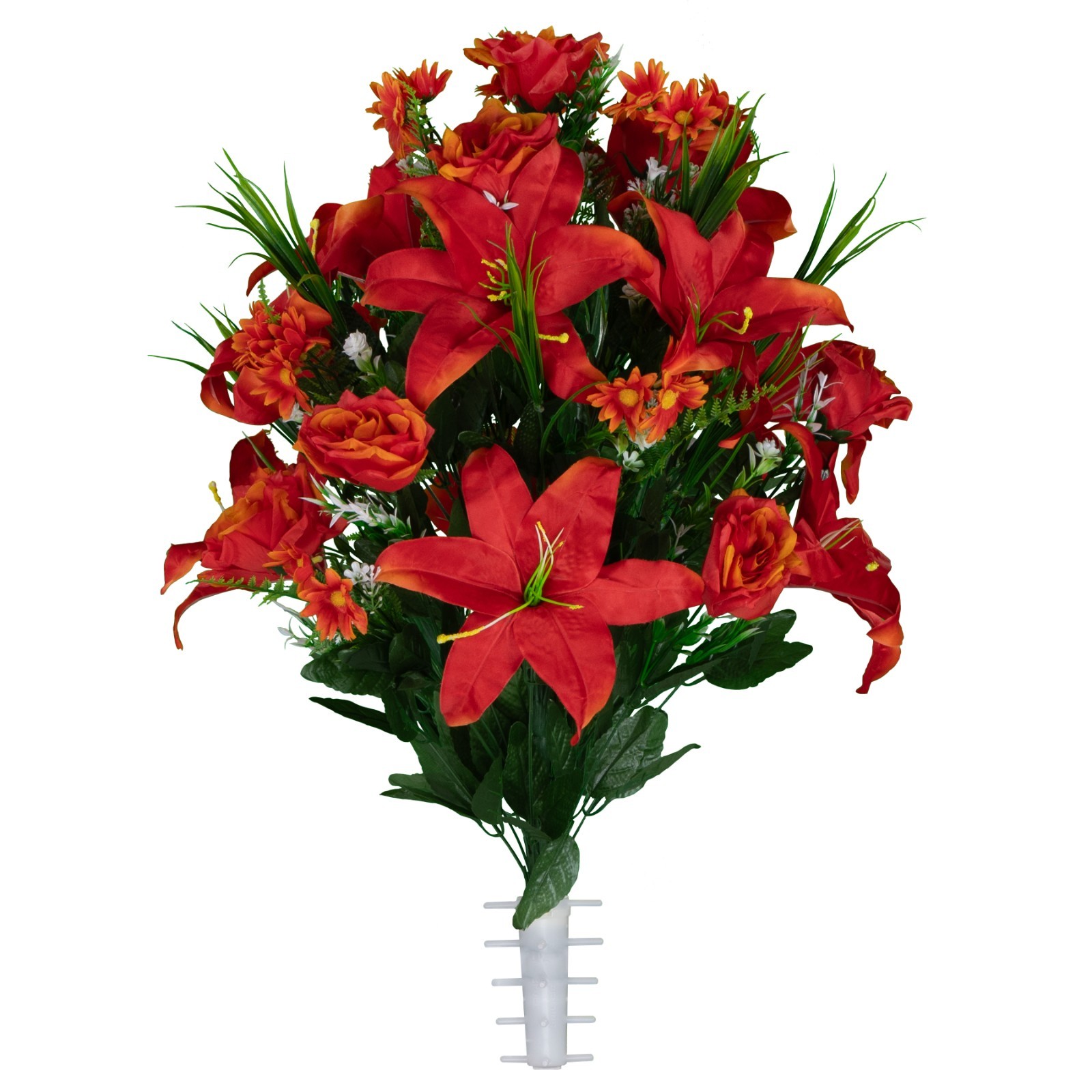 Artificial Cemetery Flowers for Vase – Fire Red Lily, Rose, and Daisies