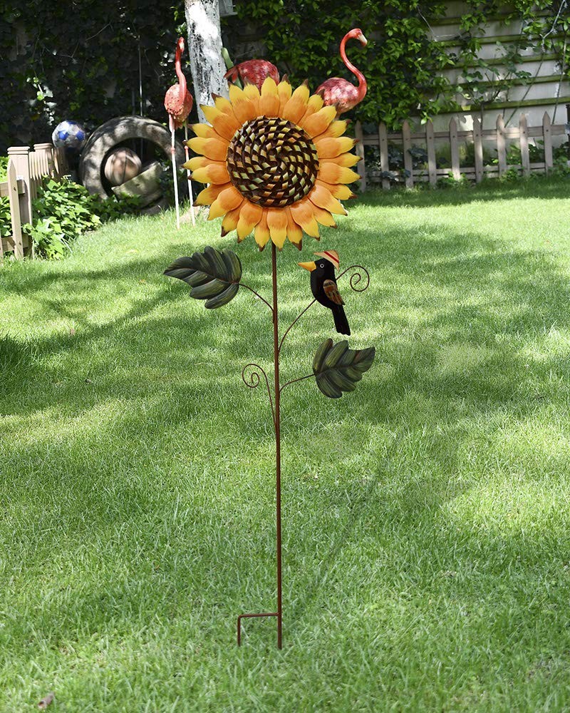 33.5″ H Sunflower Garden Stake with Black Crow Outdoor Yard Decor, Rustic Met…