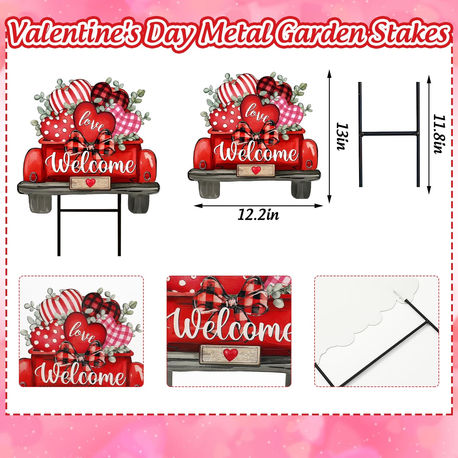 Valentines Day Metal Garden Stake Welcome Yard Sign Red Heart Truck Decor