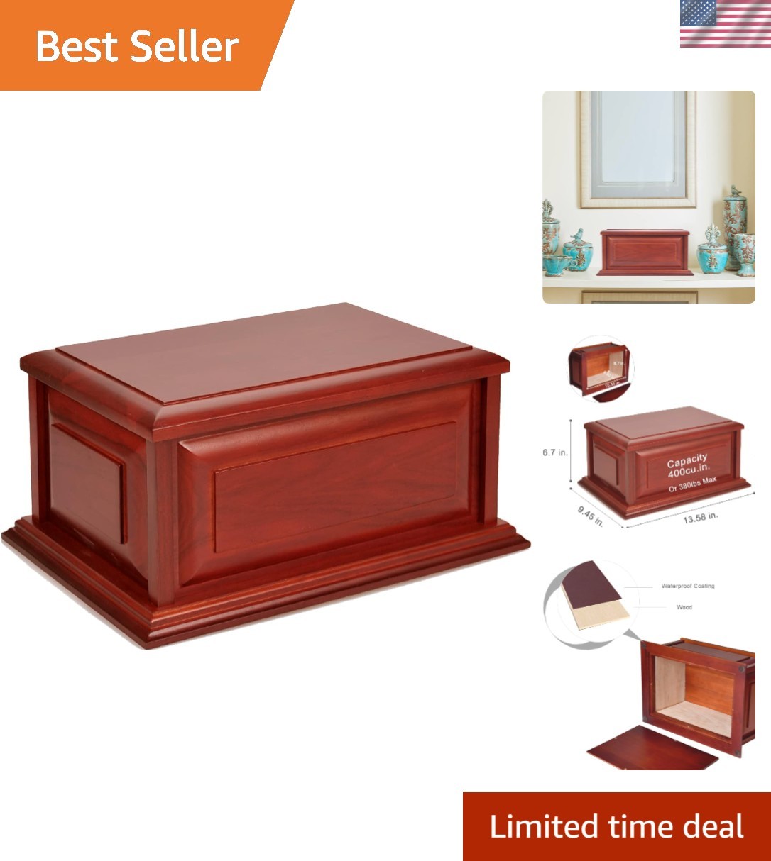 Extra Large Handmade Light Cherry Cremation Urn for Adult Male Ashes – 400 Cu In
