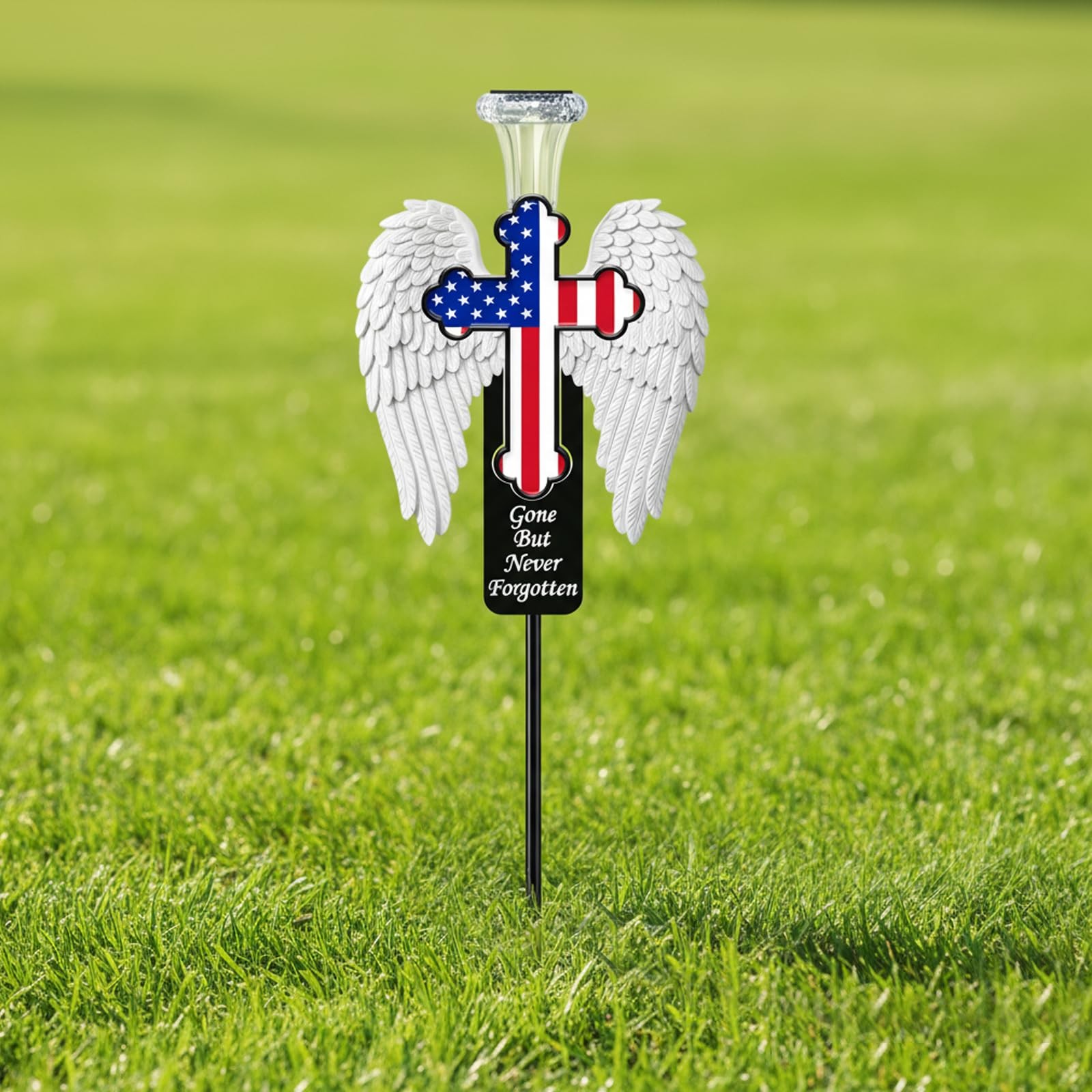 Solar Memorial Cross with Angel Wings – Patriotic American Flag Cemetery Deco…