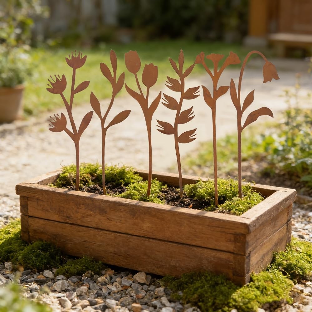 Garden Decor for Outside, 6 Pcs Rusty Metal Flower Garden Stakes with Fern Leaf