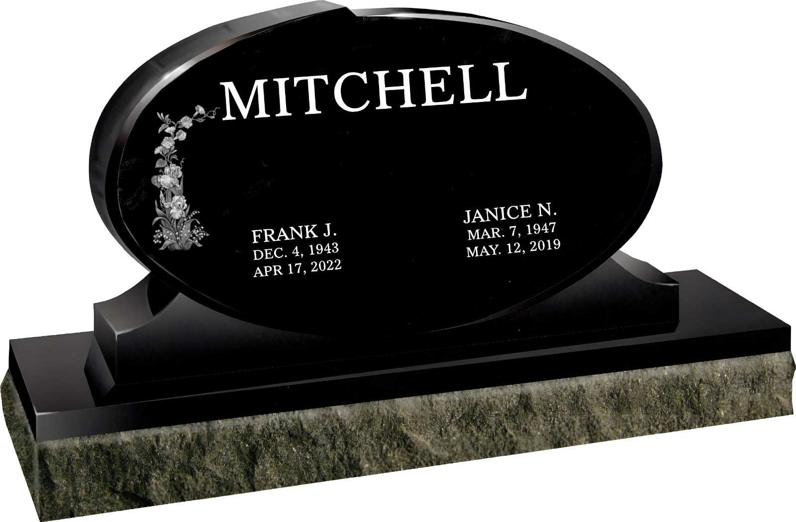 Cemetery headstone – oval – includes engraving- companion 2 names
