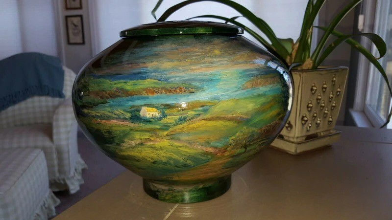Hand Painted Wood Adult Ireland Landscape Funeral Cremation Urn,220 Cubic Inches