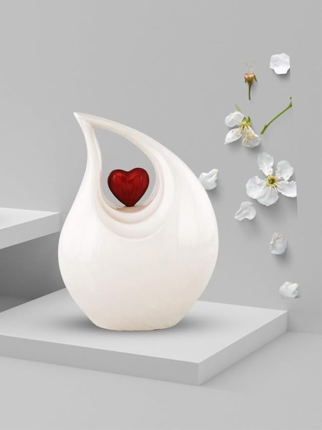 Heart of Love Cremation Urn for Adult Human Ashes, 12in, White With Red Heart
