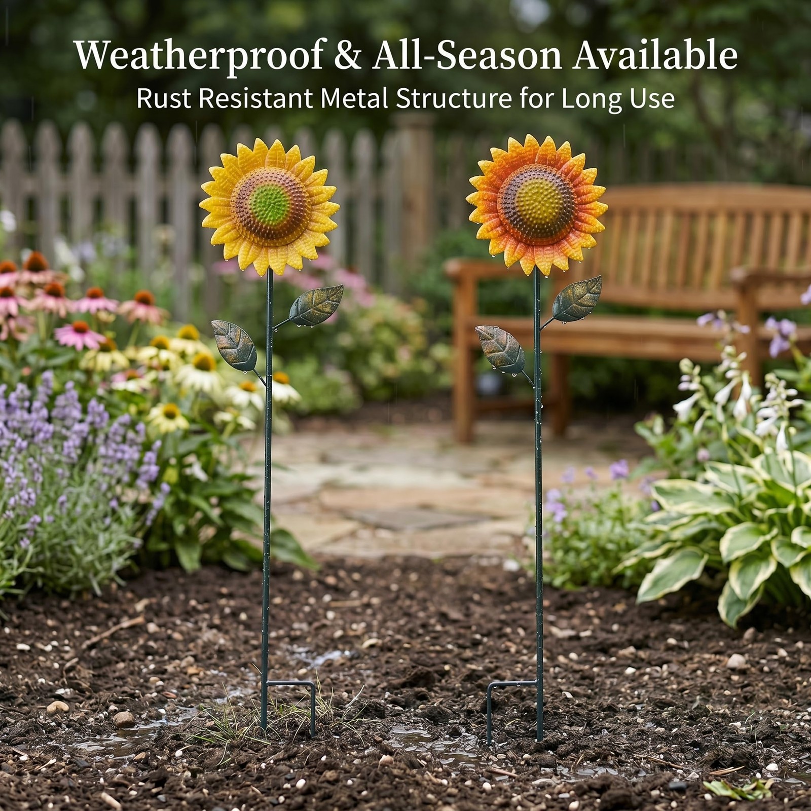 2 Pack 39 Inch Large Sunflower Garden Stakes, Hand-Painted Colorful Metal Yar…