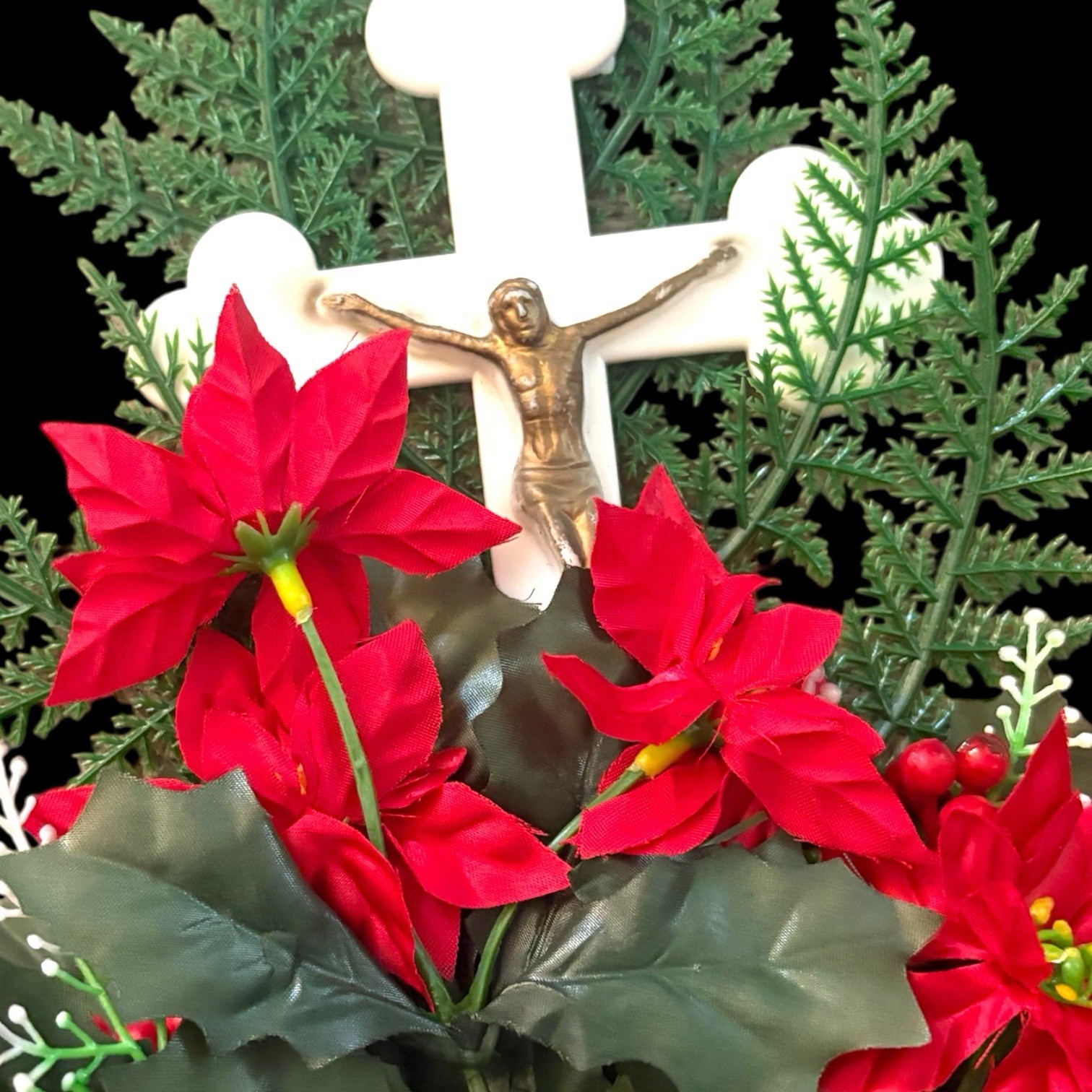 Christmas Cemetery Red Poinsettia Flowers Grave Crucifix Cross Vintage NEW Lot 2
