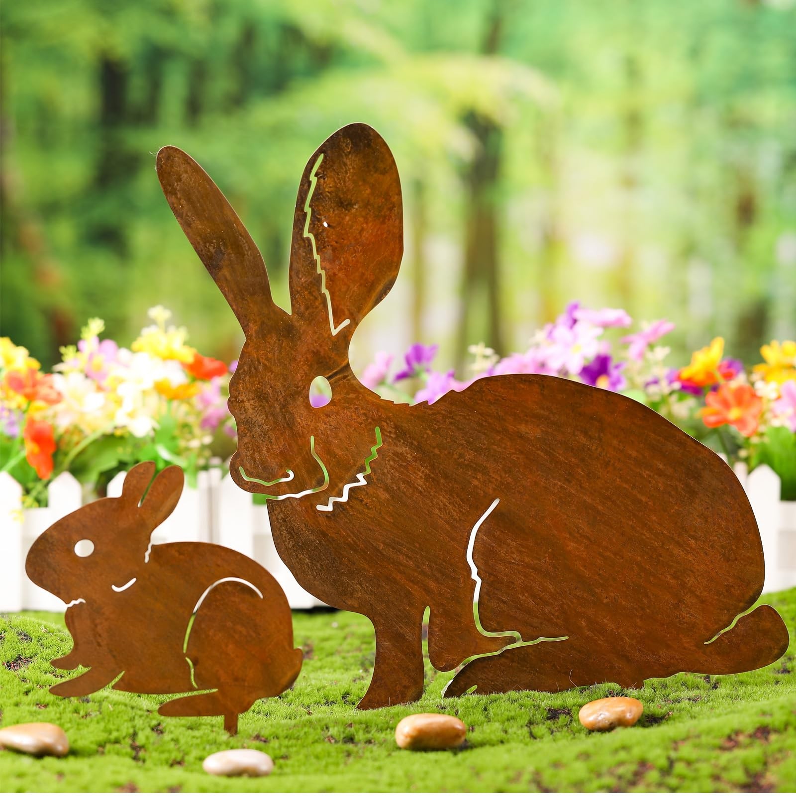 2 Pack Mama and Baby Bunny Garden Stake, Metal Bunny Statue Realistic Long Ea…