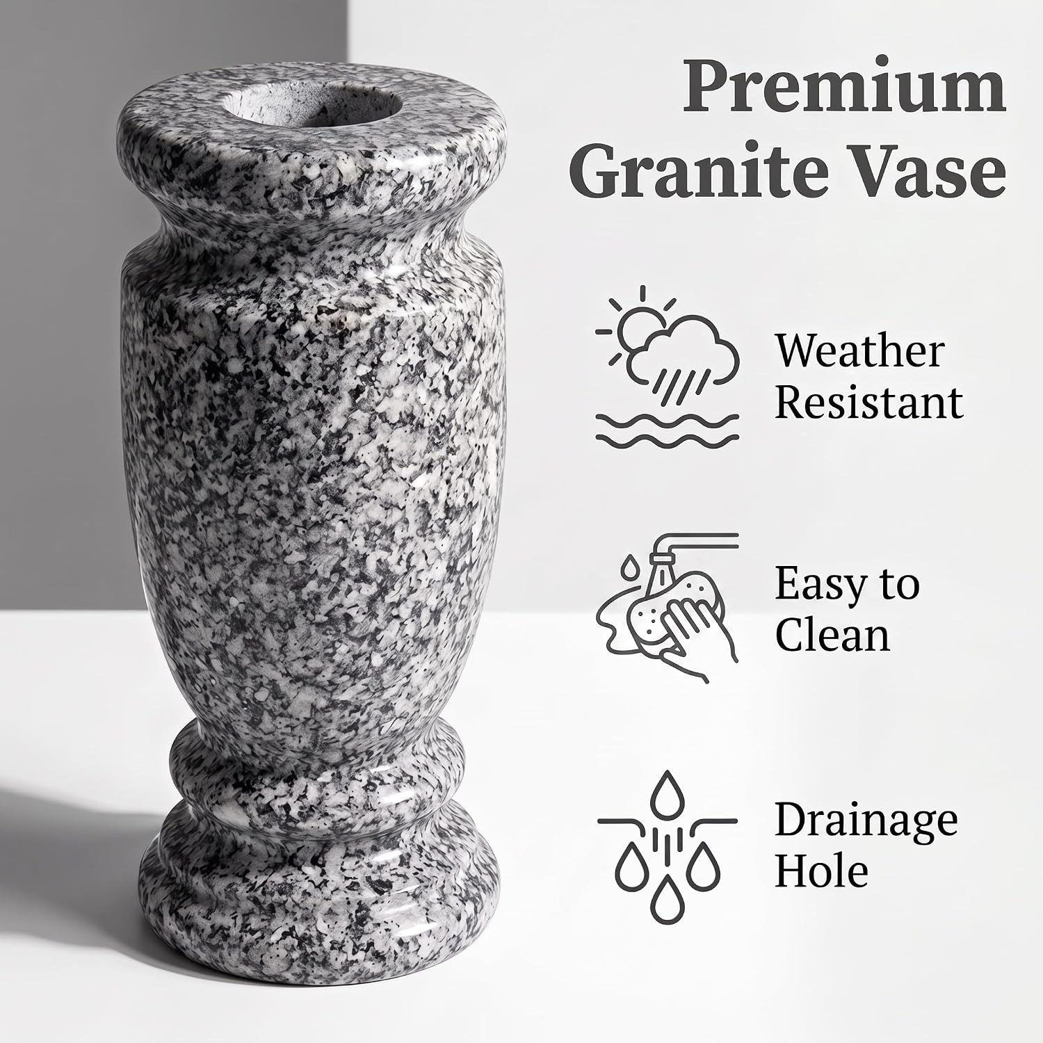 Gray Granite Cemetery Vase for Grave, 4.3″ W X 9.8″ H | Gray Granite, Side Drain