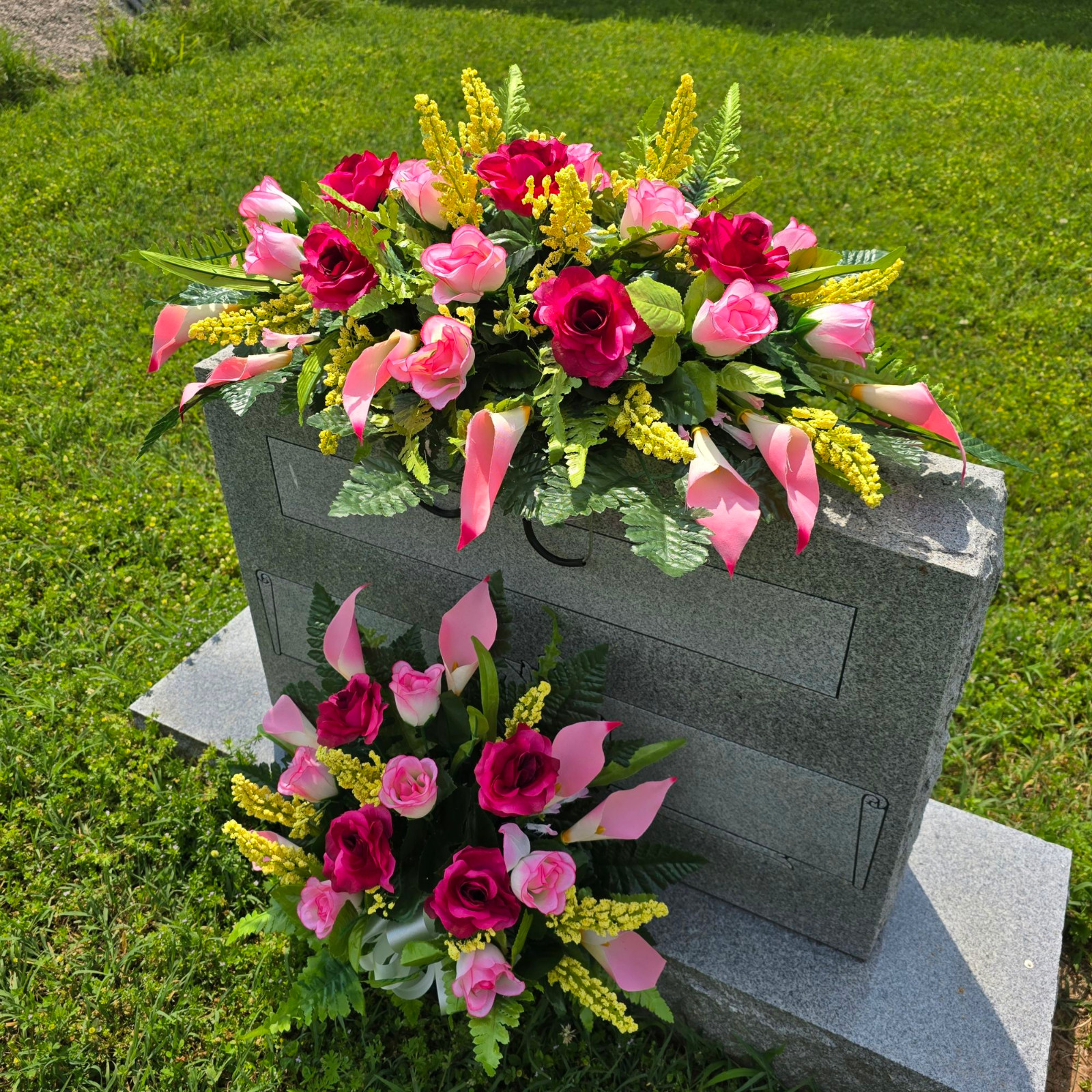 Beauty Pink Rose & Calla Lily Headstone Saddle with Cemetery Cone