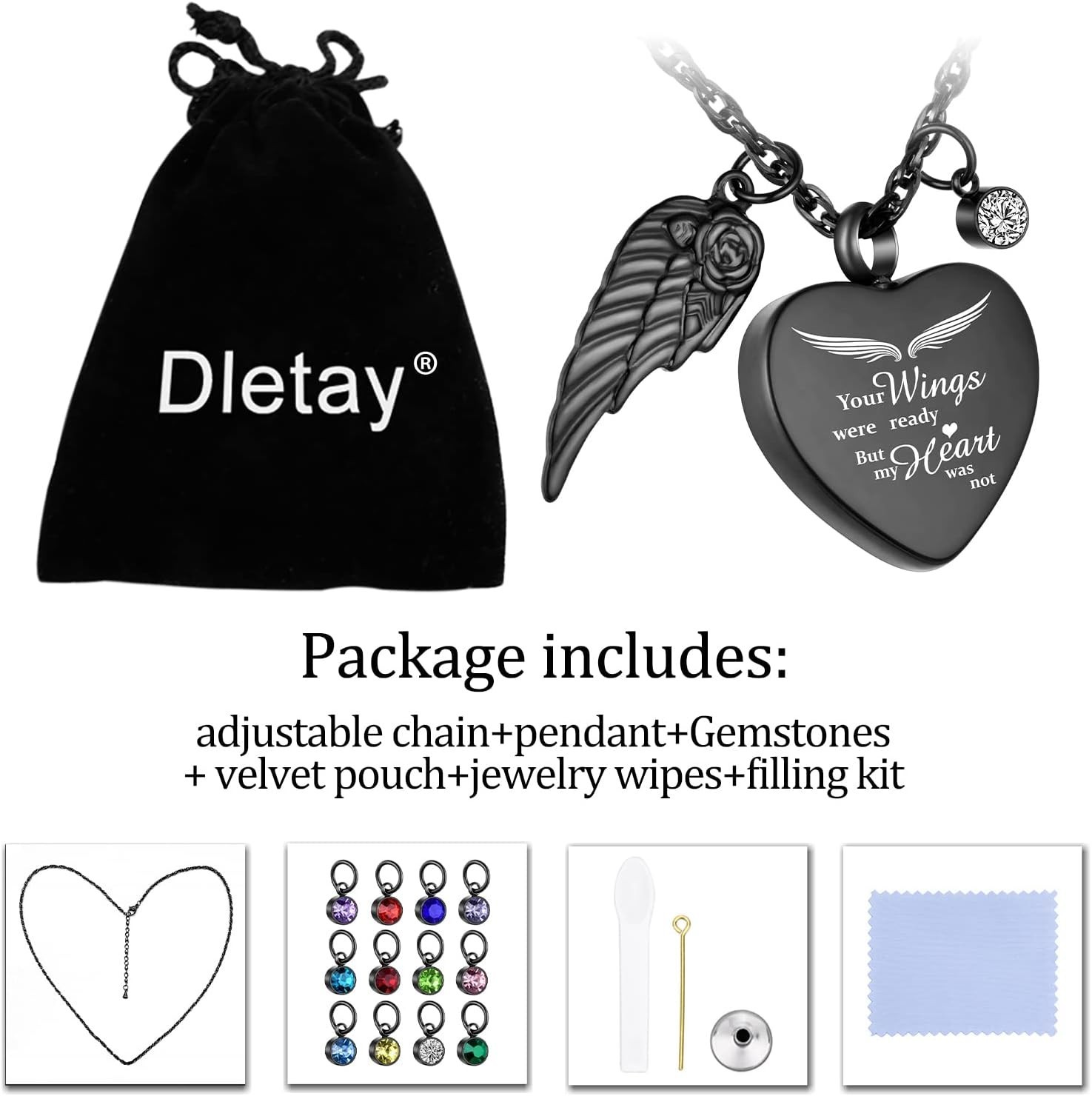 Personalized Heart Memorial Necklace for Ashes with 12 Birthstones & Filling Kit