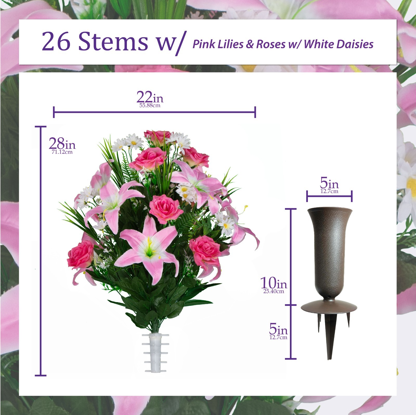 Artificial Cemetery Flowers – Pink Lily and Rose with White Daisies and Vase