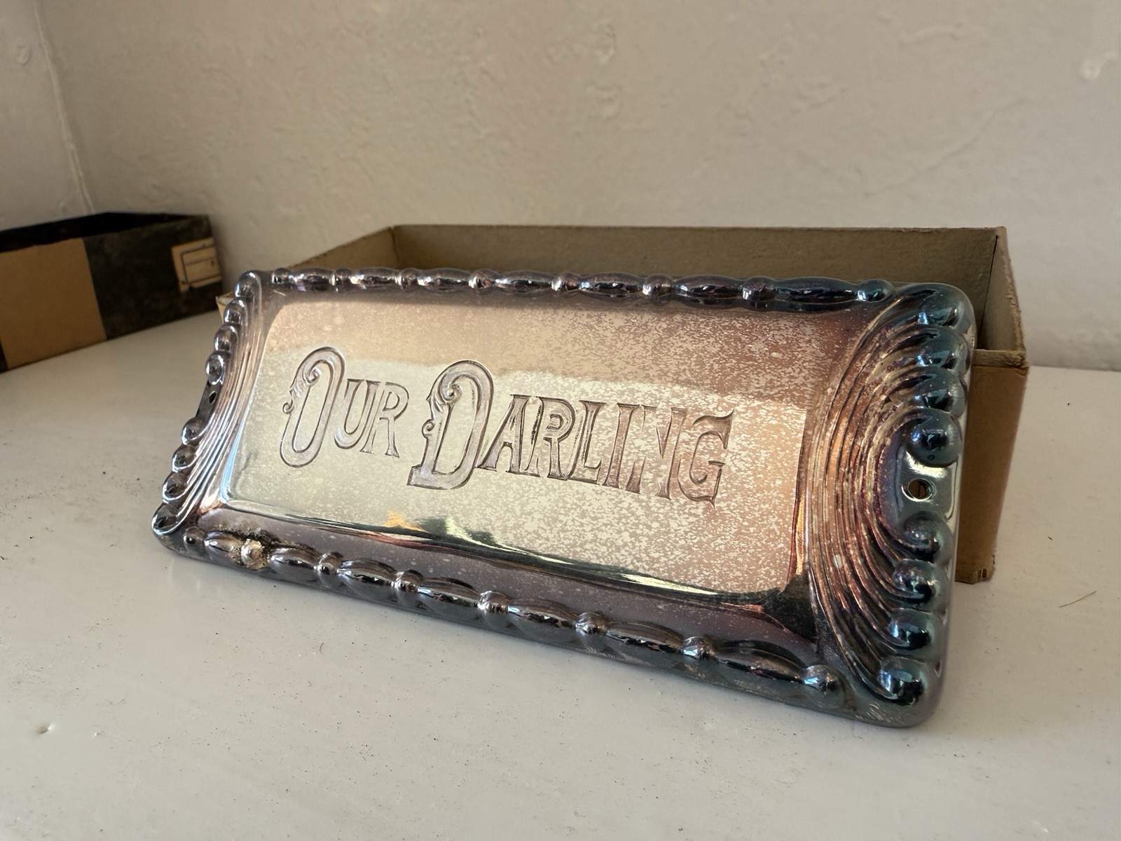 Three Morgan Silver Plate Co ‘Our Darling’ Silver Plated Coffin Plaques With Box