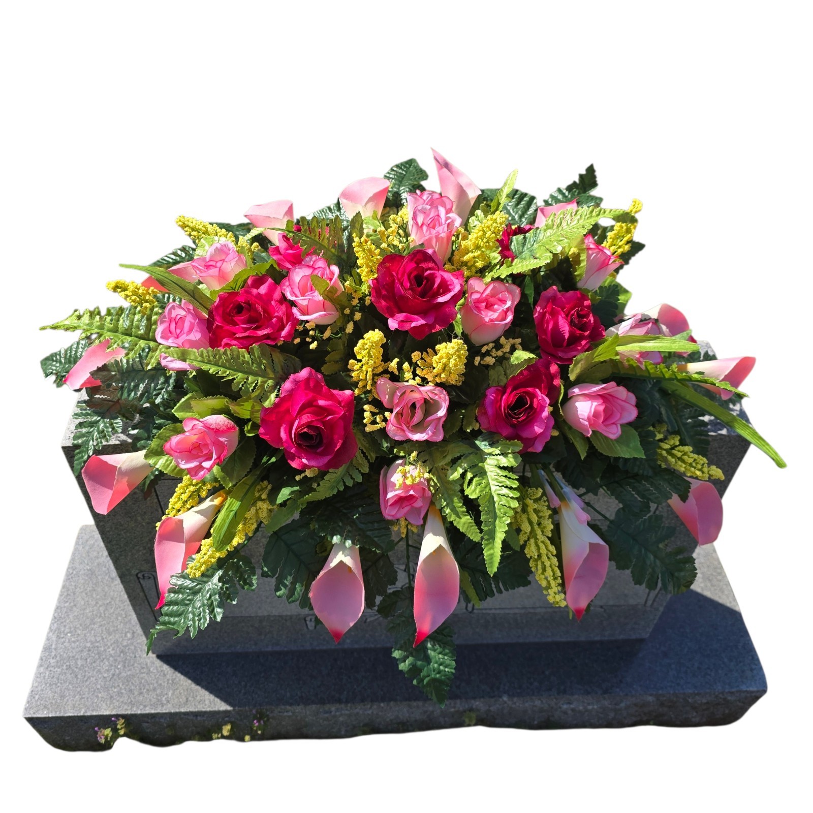 BEAUTY PINK HEADSTONE SADDLE WITH BEAUTY ROSES AND CALLA LILY’S FOR CEMETERY