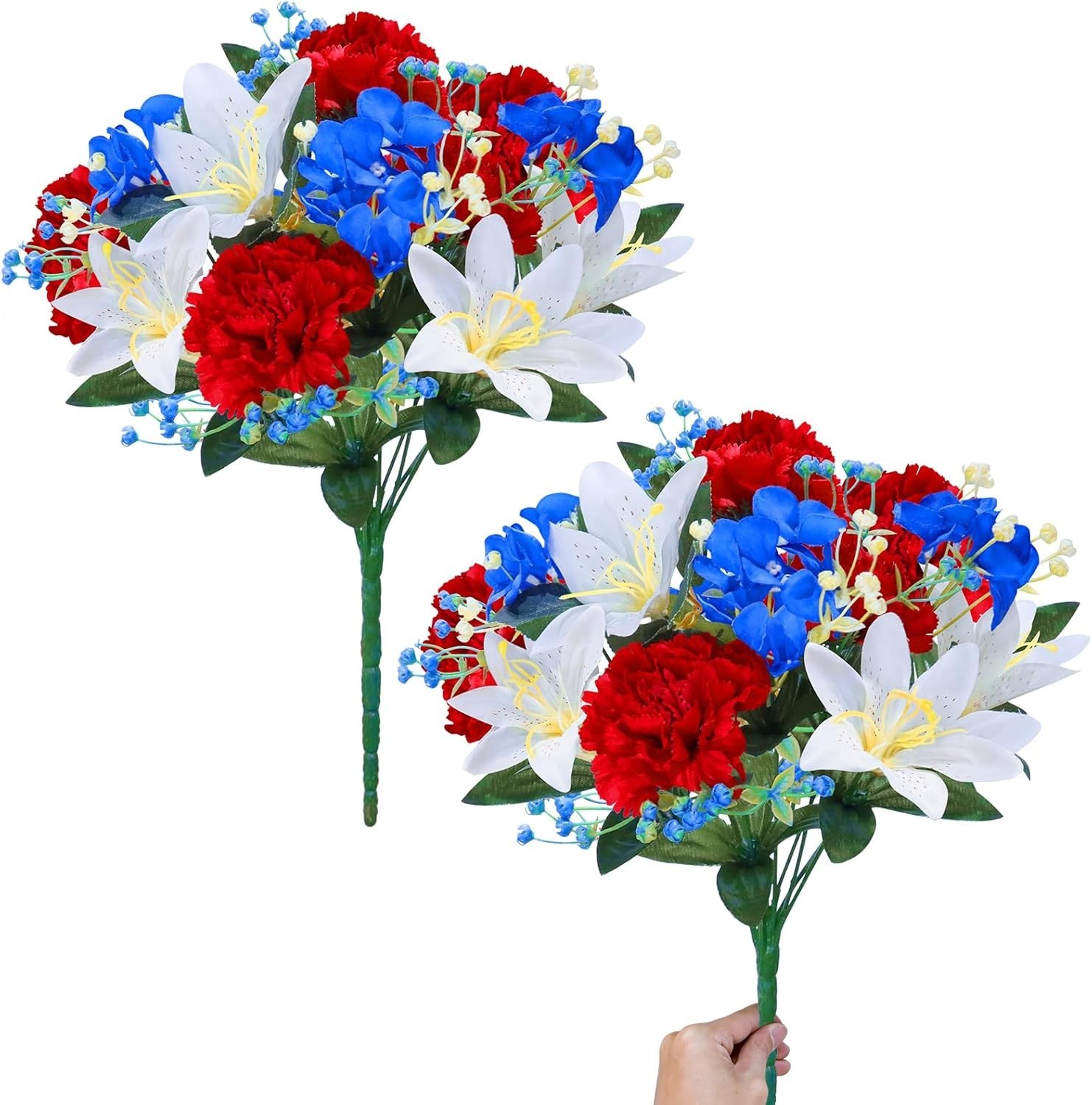 22 Heads Cemetery Flowers for Grave, 2 Bunches Artificial Flowers Patriotic Memo