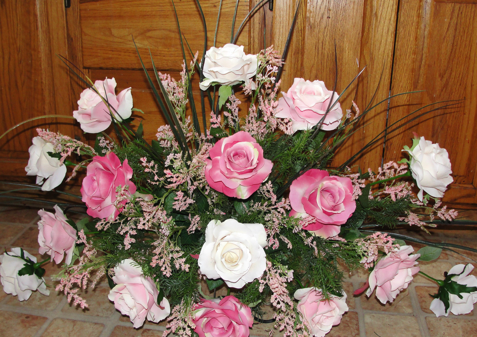 Breast Cancer Mom Sister Silk Funeral Grief Cemetery Tombstone Saddle Pink Roses