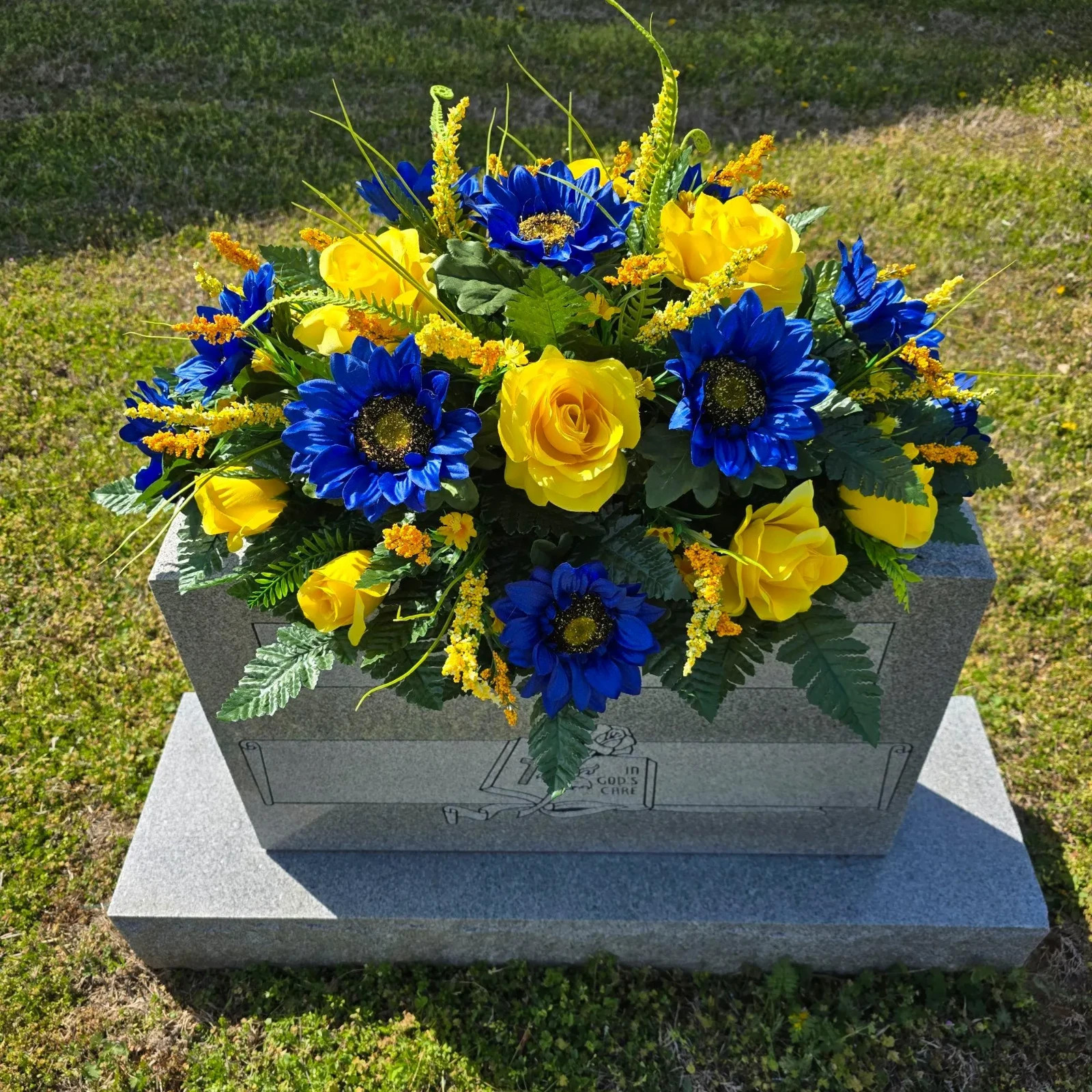 Blue Sunflower and Yellow Rose Memorial Headstone Saddle