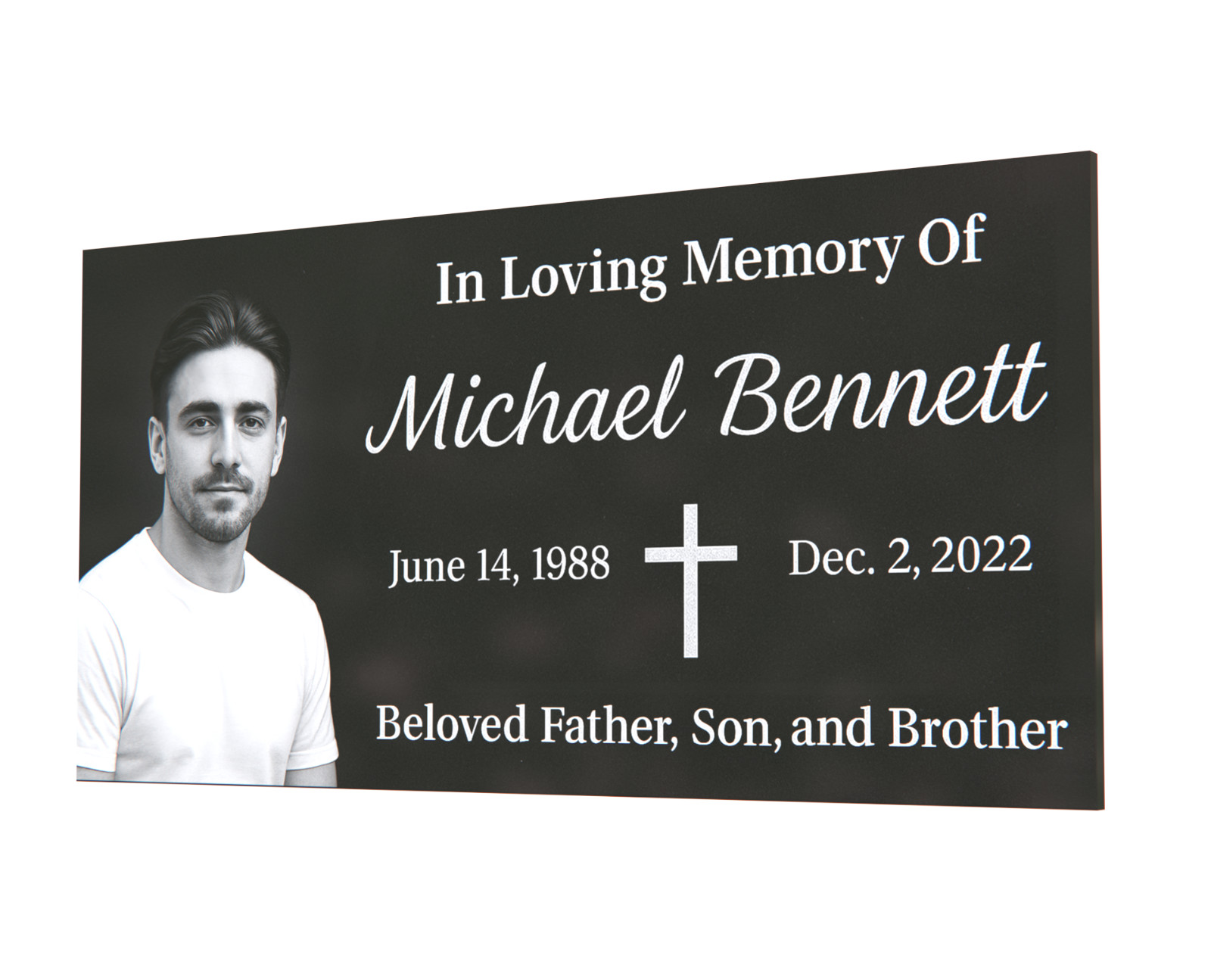 24×12×4″ Black Granite Grave Marker – Custom Portrait & Engraving & Cross