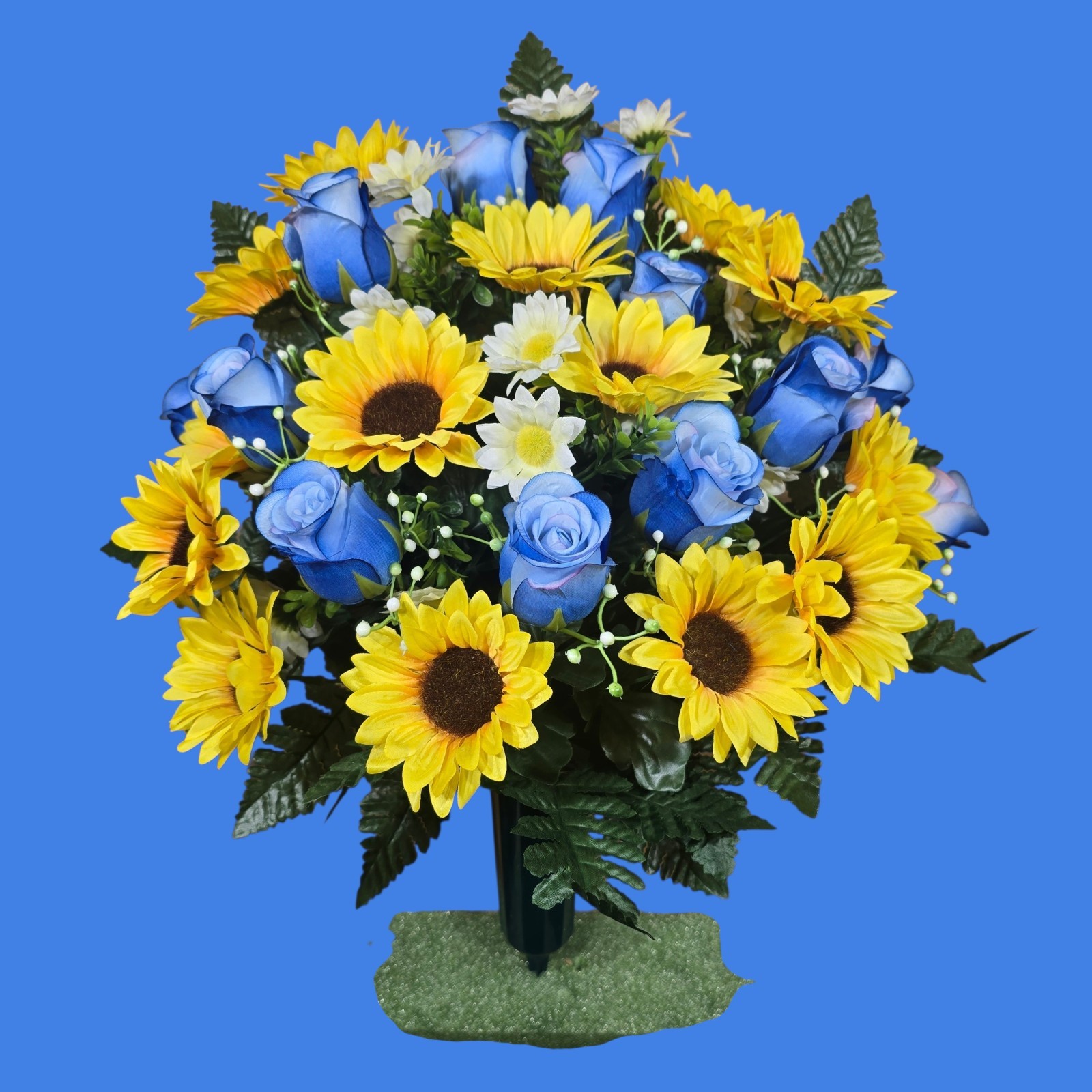 SUNFLOWER CEMETERY VASE MEMORIAL DECORATION WITH BLUE ROSEBUDS AND SUNFLOWERS