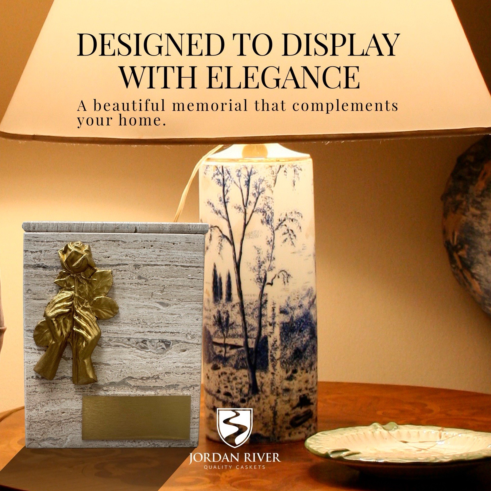 Marble Cremation Urn , With Golden Hands And Rose Design.