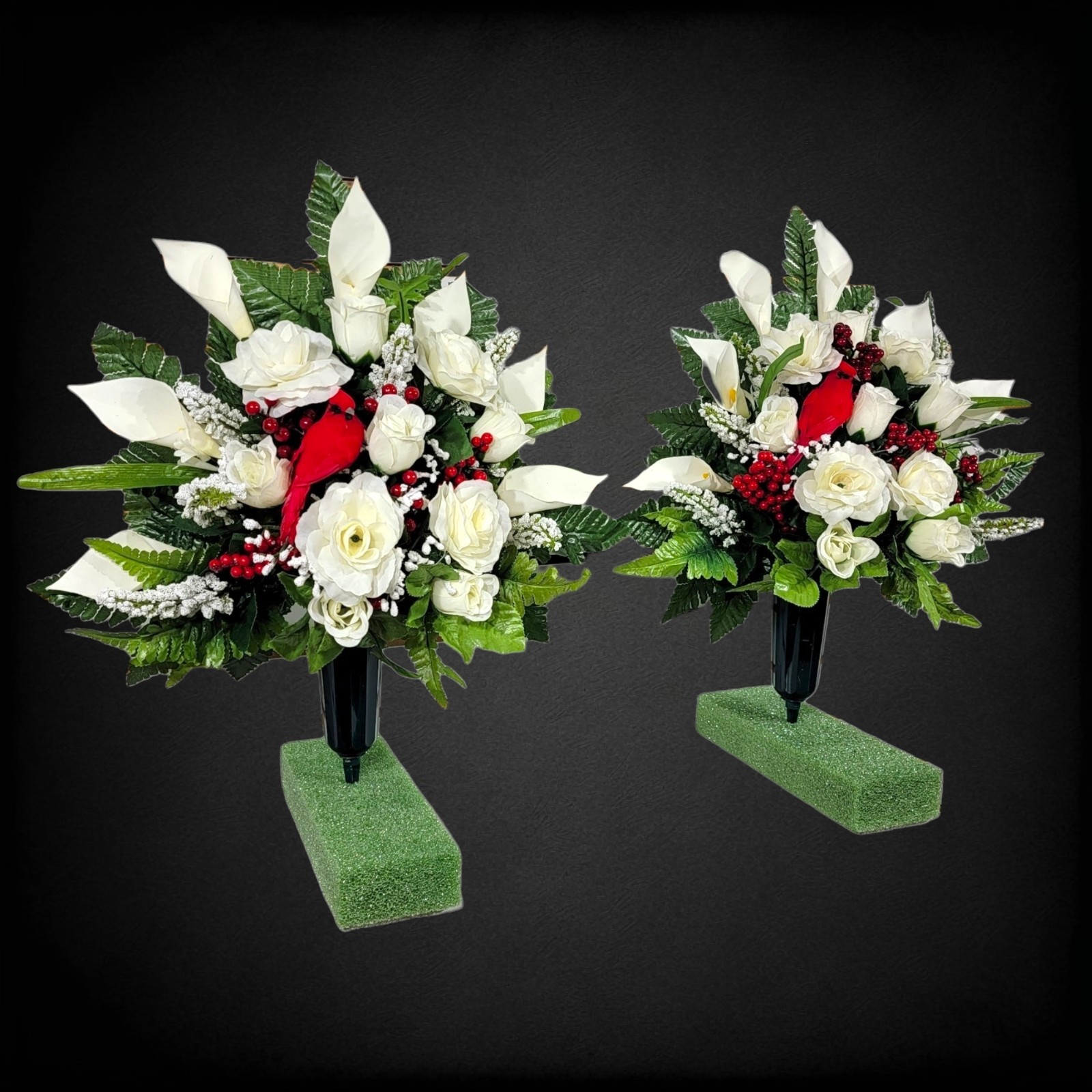 Cream Calla Lilies & Roses with birds and berries Cemetery Cone Pair