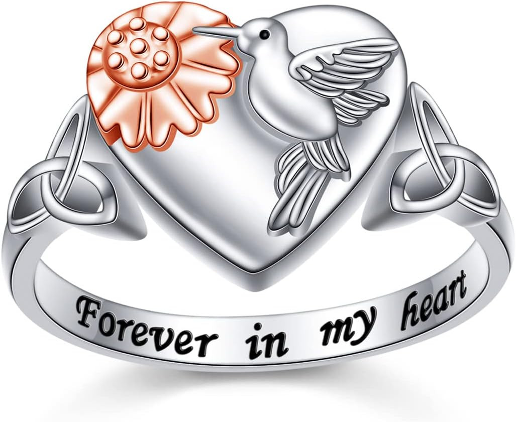 Hummingbird Urn Ring for Ashes Heart Keepsake Cremation Gifts Sterling Silver S7