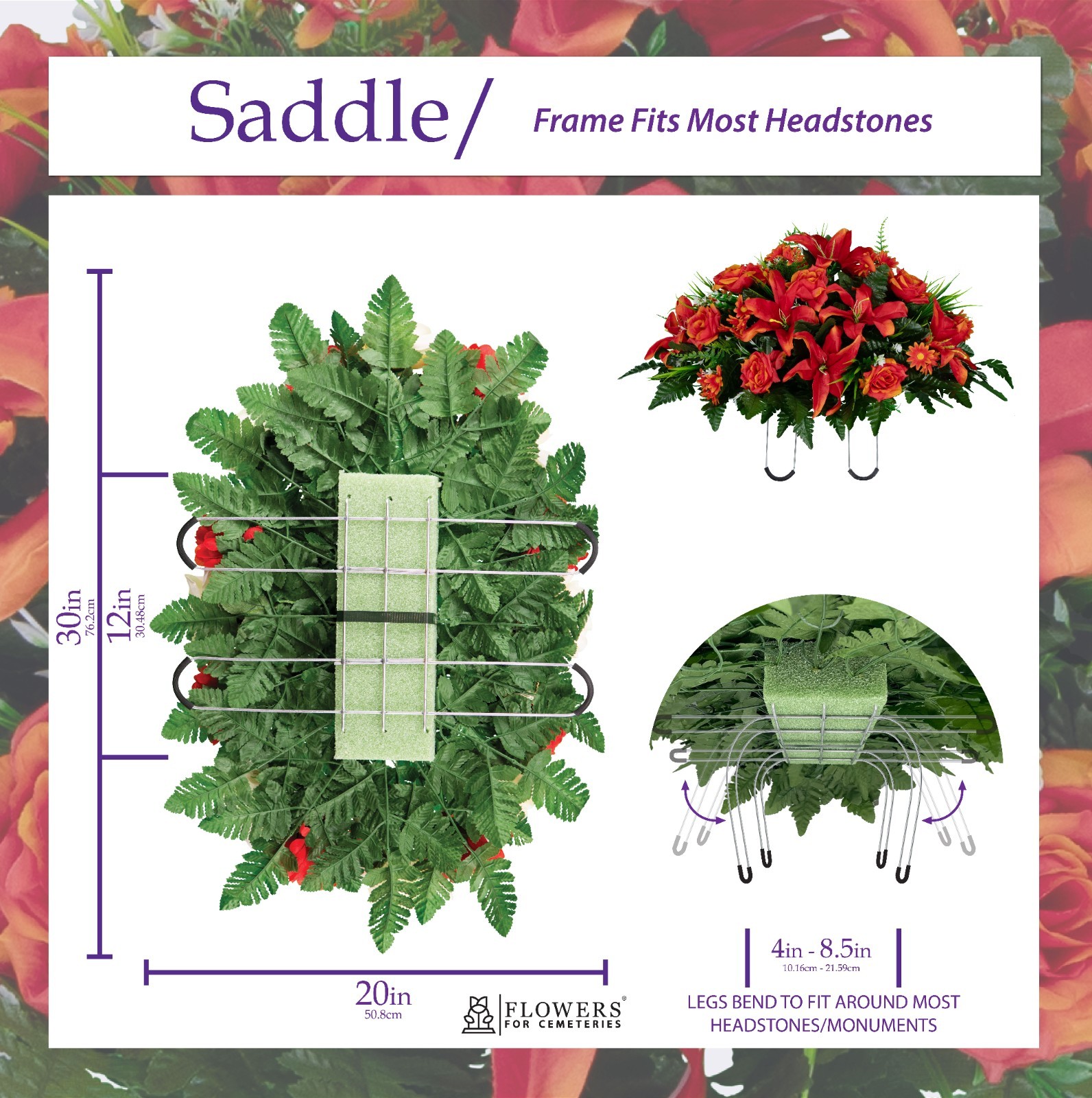 Artificial Headstone Arrangement- Fire Red Lily, Rose, and Daisies Saddle