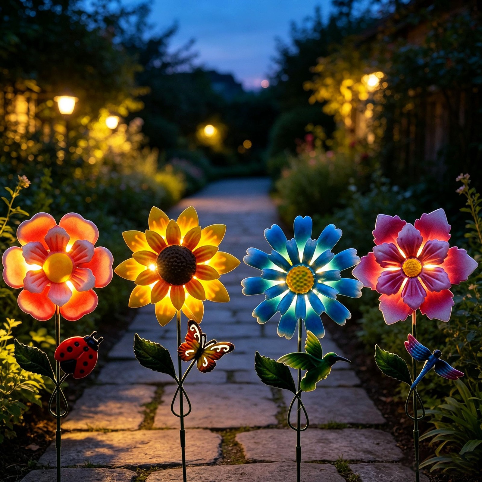 Solar Garden Stakes Lights for Outdoor Decor, 4 Pack Waterproof Metal Art Sti…